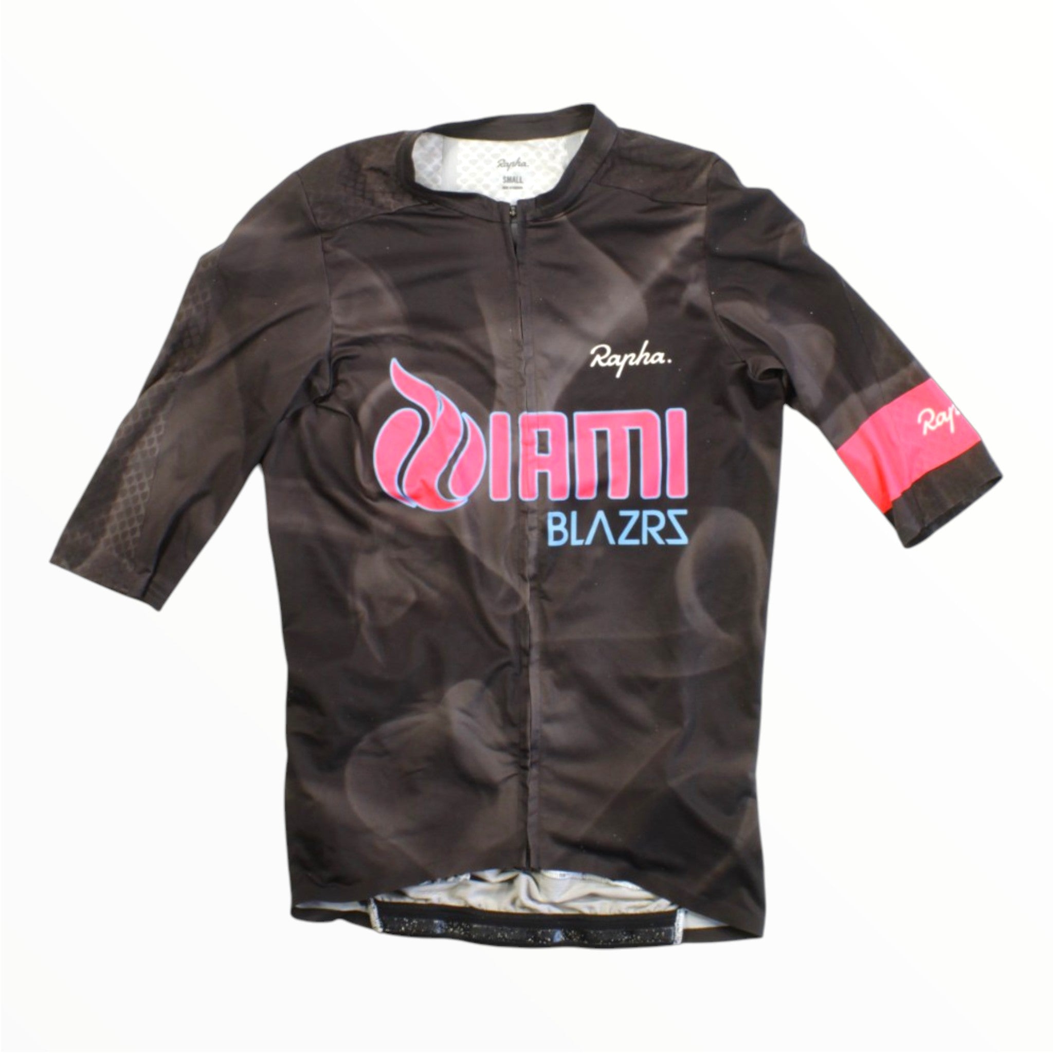 Short-sleeve aero jersey, dark with pink branding and full front zipper.