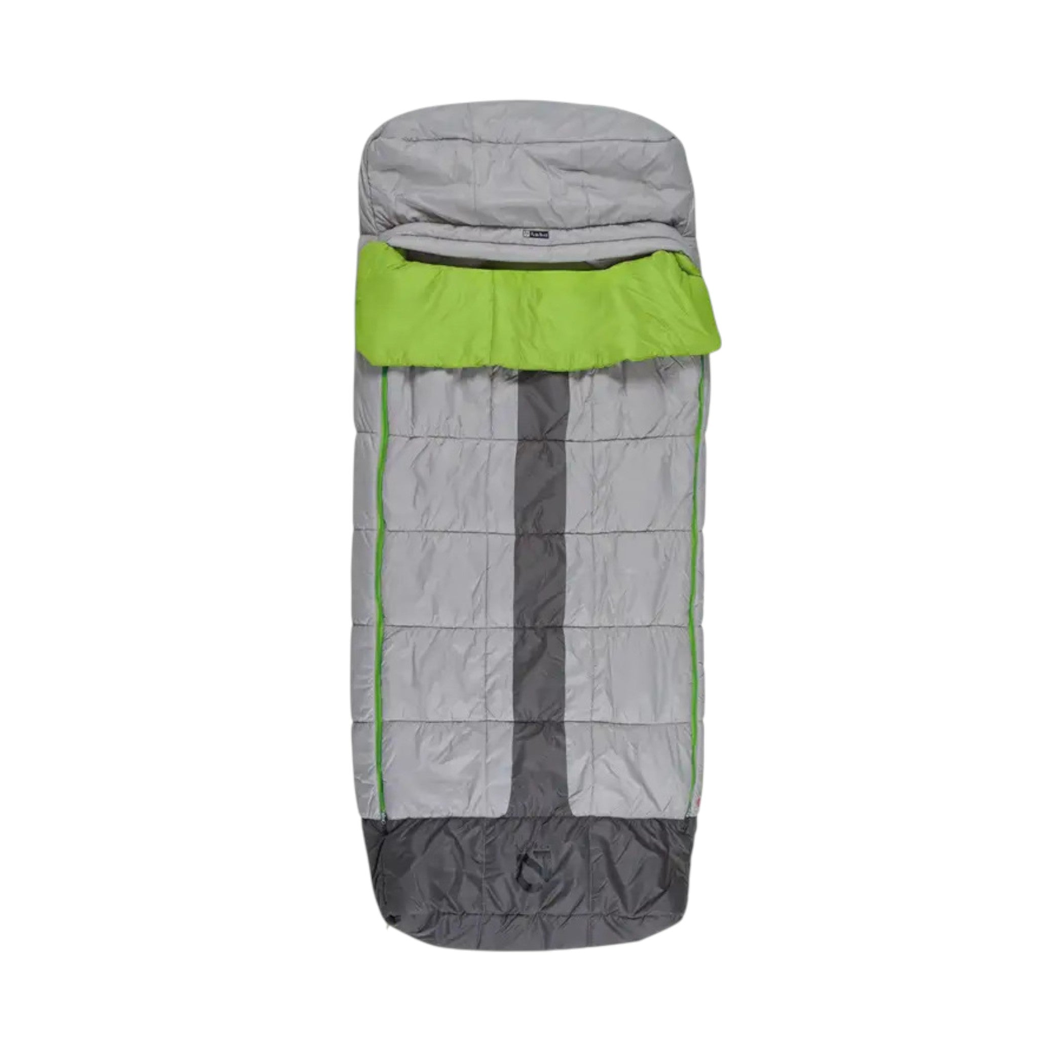 The NEMO Mezzo Loft Sleeping Bag is rectangular and gray with green trim and a green flap near the top, ideal for camping in 30-degree weather, shown against a white background.