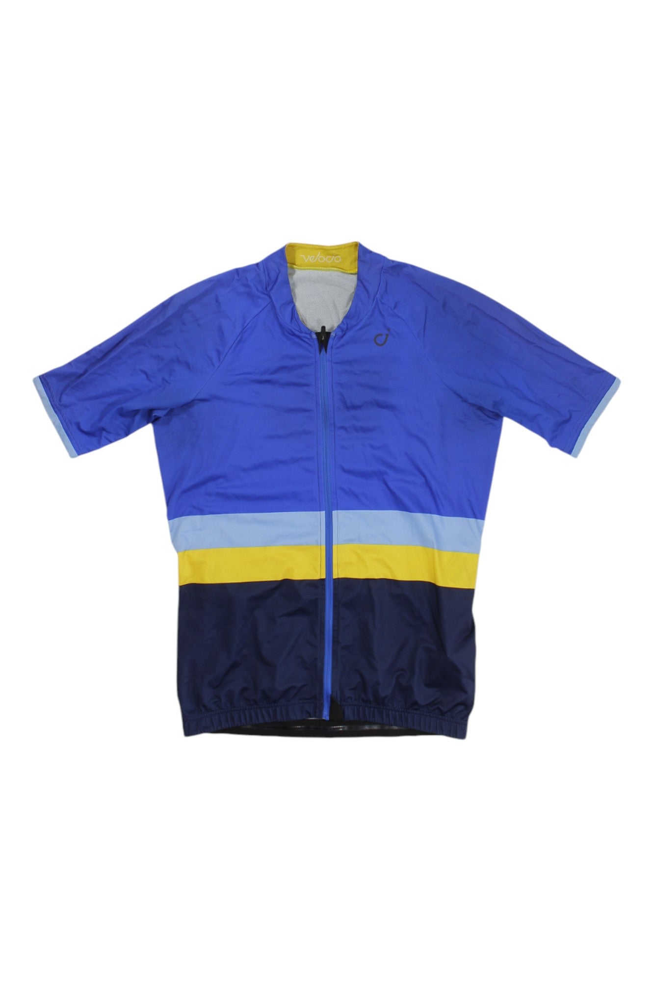 The VELOCIO MENS TRICOLOR SE JERSEY is a lightweight, breathable, short-sleeved cycling top with moisture-wicking fabric, front zipper, blue/yellow/light blue/navy horizontal stripes, and a yellow collar lining.