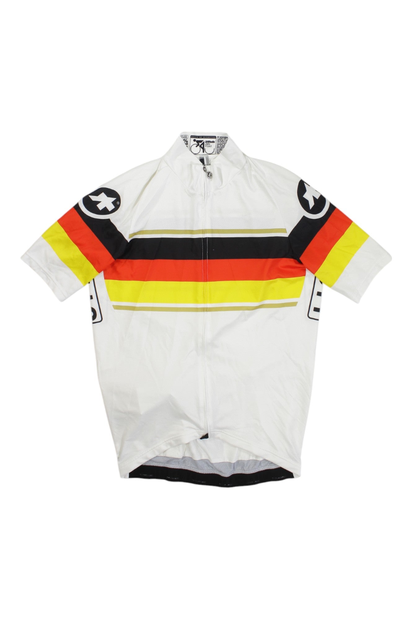The ASSOS MENS SS.NEOPRO SHORT SLEEVE JERSEY features bold black, red, orange, and yellow chest and sleeve stripes plus black circular shoulder symbols. This breathable jersey delivers comfort and style for every cycling ride.