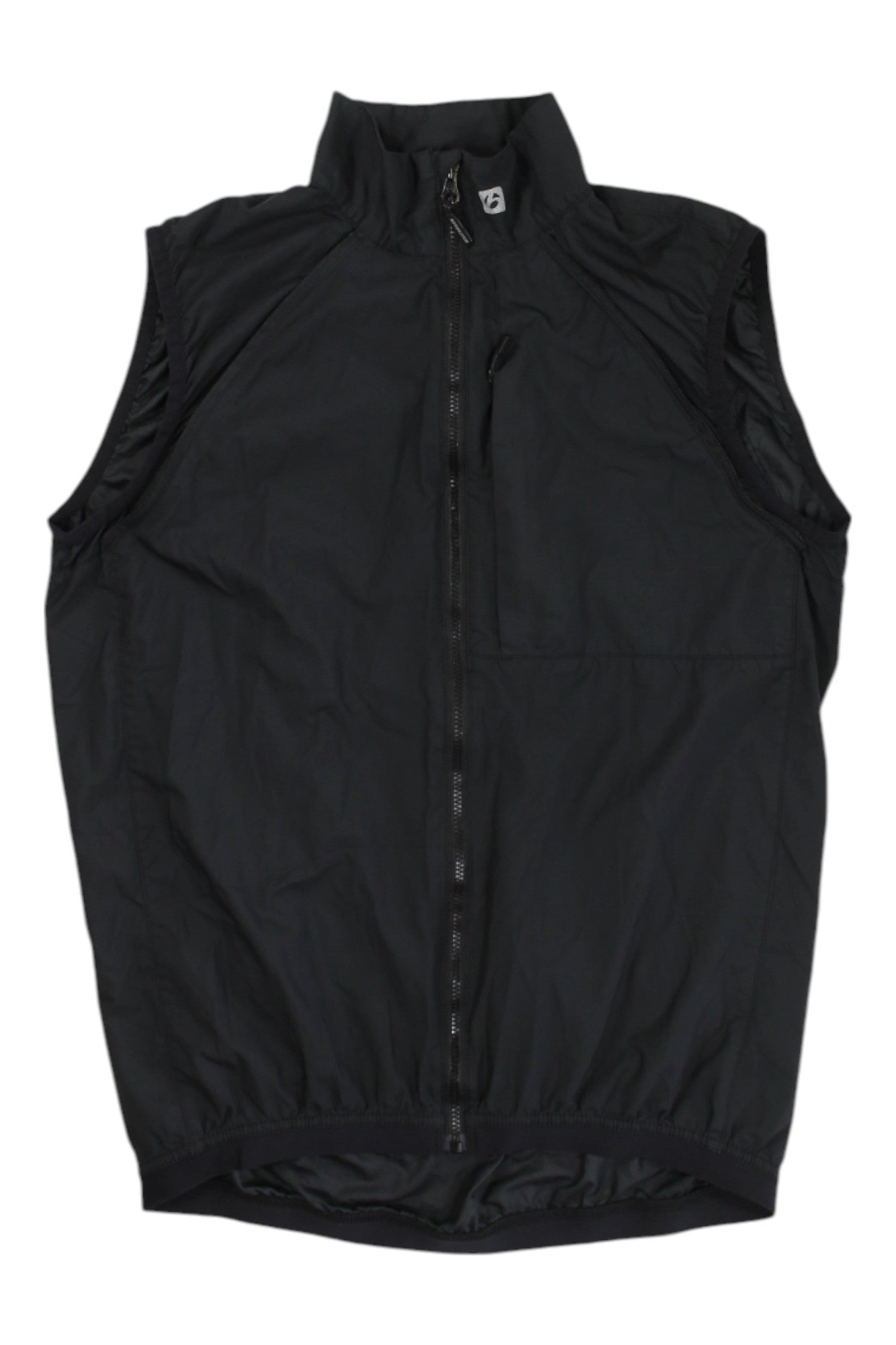 A black Bontrager Mens Circuit Windshell Vest is shown sleeveless with a high collar and elastic hem, laid flat on a white background. This lightweight, packable vest offers wind protection for cycling.