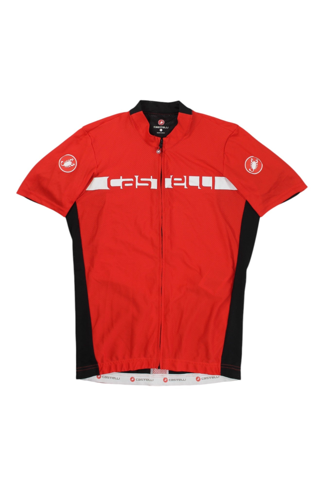 The Mens Castelli Prologo 4 Full Zip Jersey is a red and black short-sleeved cycling jersey with a white chest stripe, Castelli logos, full front zipper, and moisture-wicking fabric for comfort on every ride.