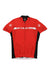 The Mens Castelli Prologo 4 Full Zip Jersey is a red and black short-sleeved cycling jersey with a white chest stripe, Castelli logos, full front zipper, and moisture-wicking fabric for comfort on every ride.