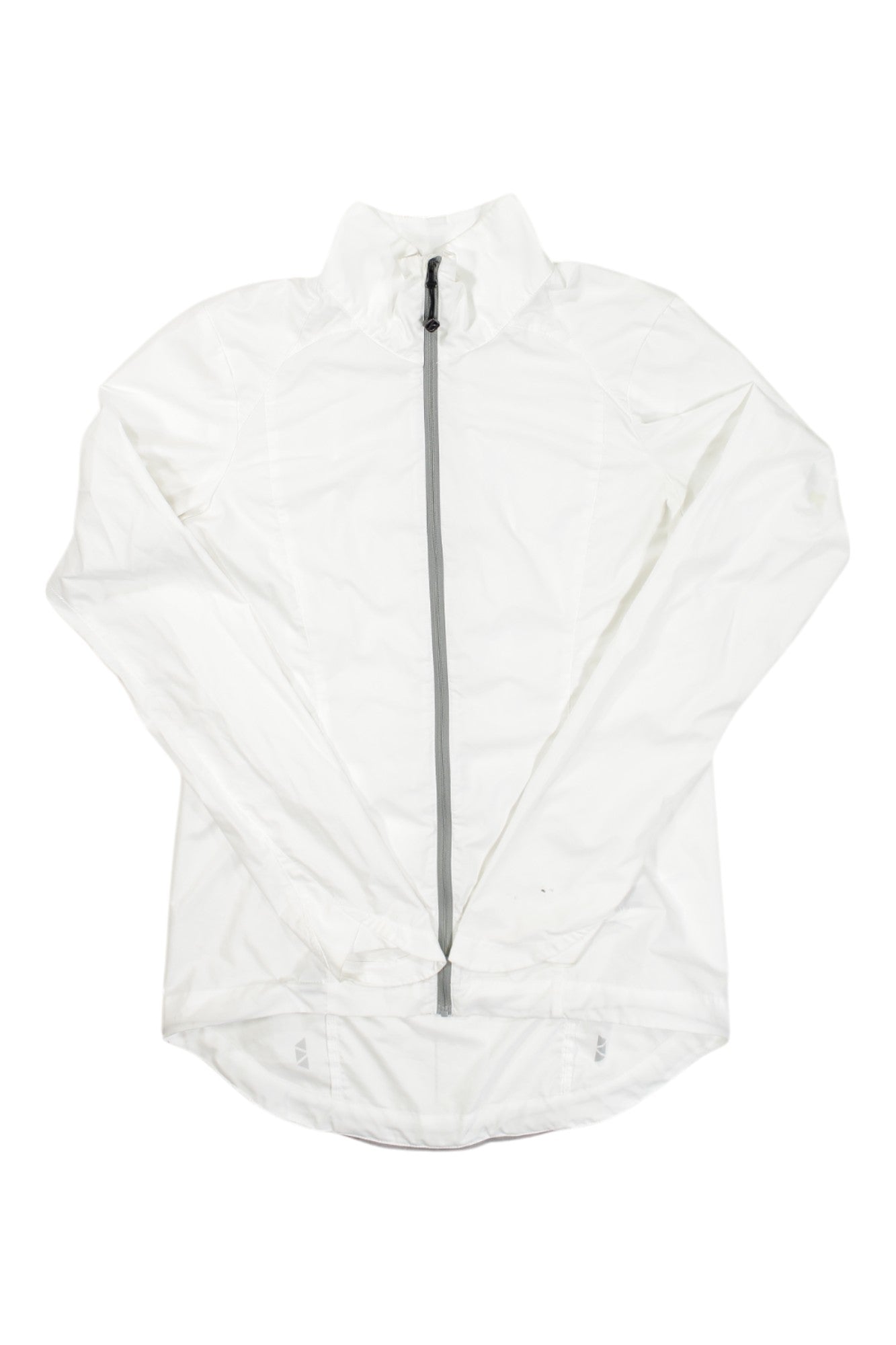 The Womens Bontrager Vella Windshell Jacket is a plain white, windproof cycling jacket for women with a high collar and gray front zipper, displayed flat on a white background.