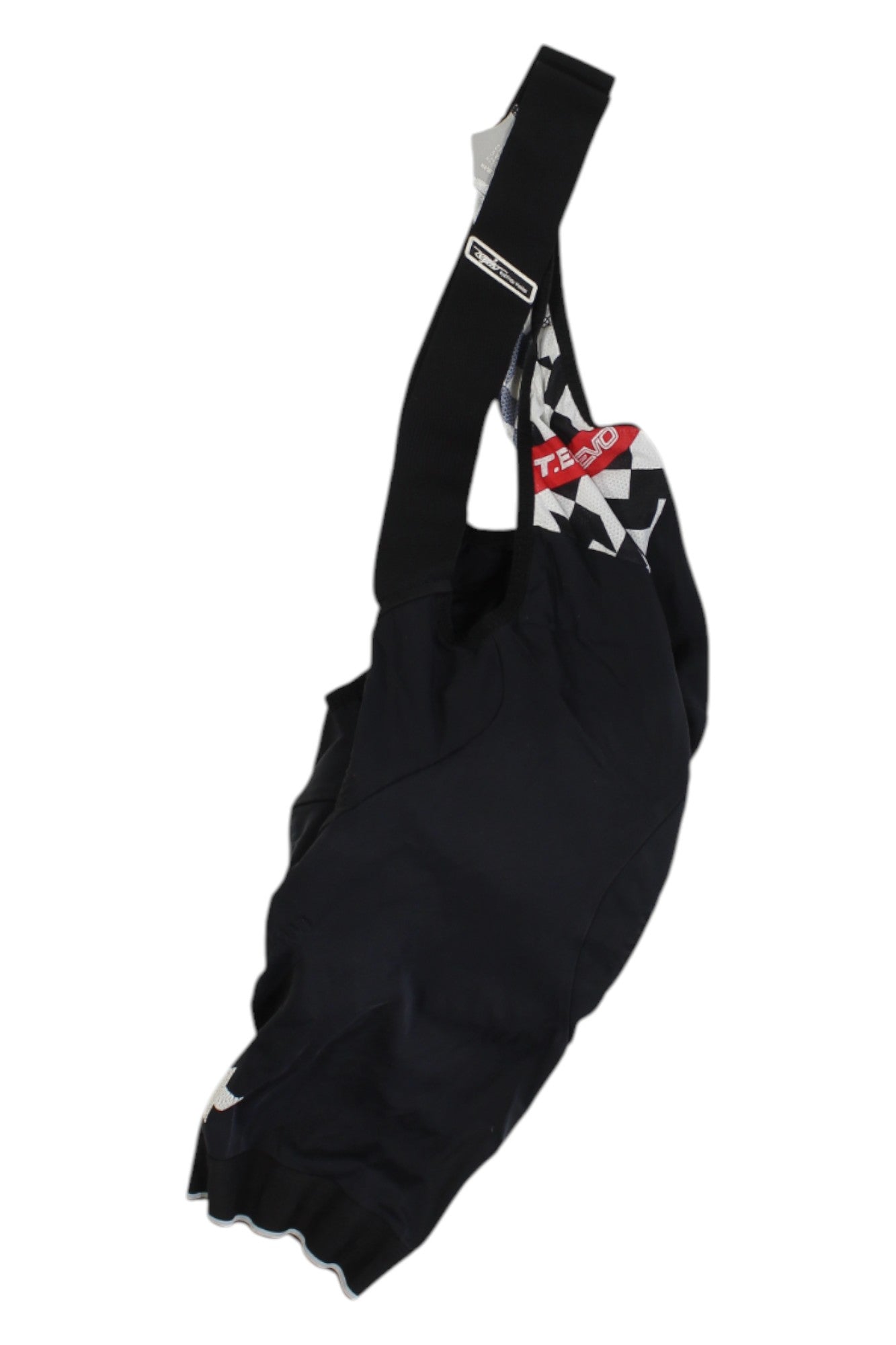 The ASSOS MENS T.CENTO EVO BIB SHORTS are black cycling bib shorts with black straps, a white geometric pattern, a red and white T.E.A.M. logo near the waist, and a premium chamois for comfort, displayed on a white background.