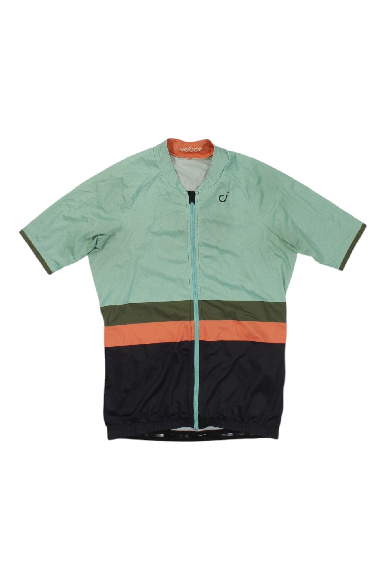 The VELOCIO MENS TRICOLOR SE JERSEY is a short-sleeved, moisture-wicking cycling jersey with a mint green top, olive green and orange horizontal stripes across the middle, a black lower section, front zipper, and orange inner collar.