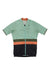 The VELOCIO MENS TRICOLOR SE JERSEY is a short-sleeved, moisture-wicking cycling jersey with a mint green top, olive green and orange horizontal stripes across the middle, a black lower section, front zipper, and orange inner collar.