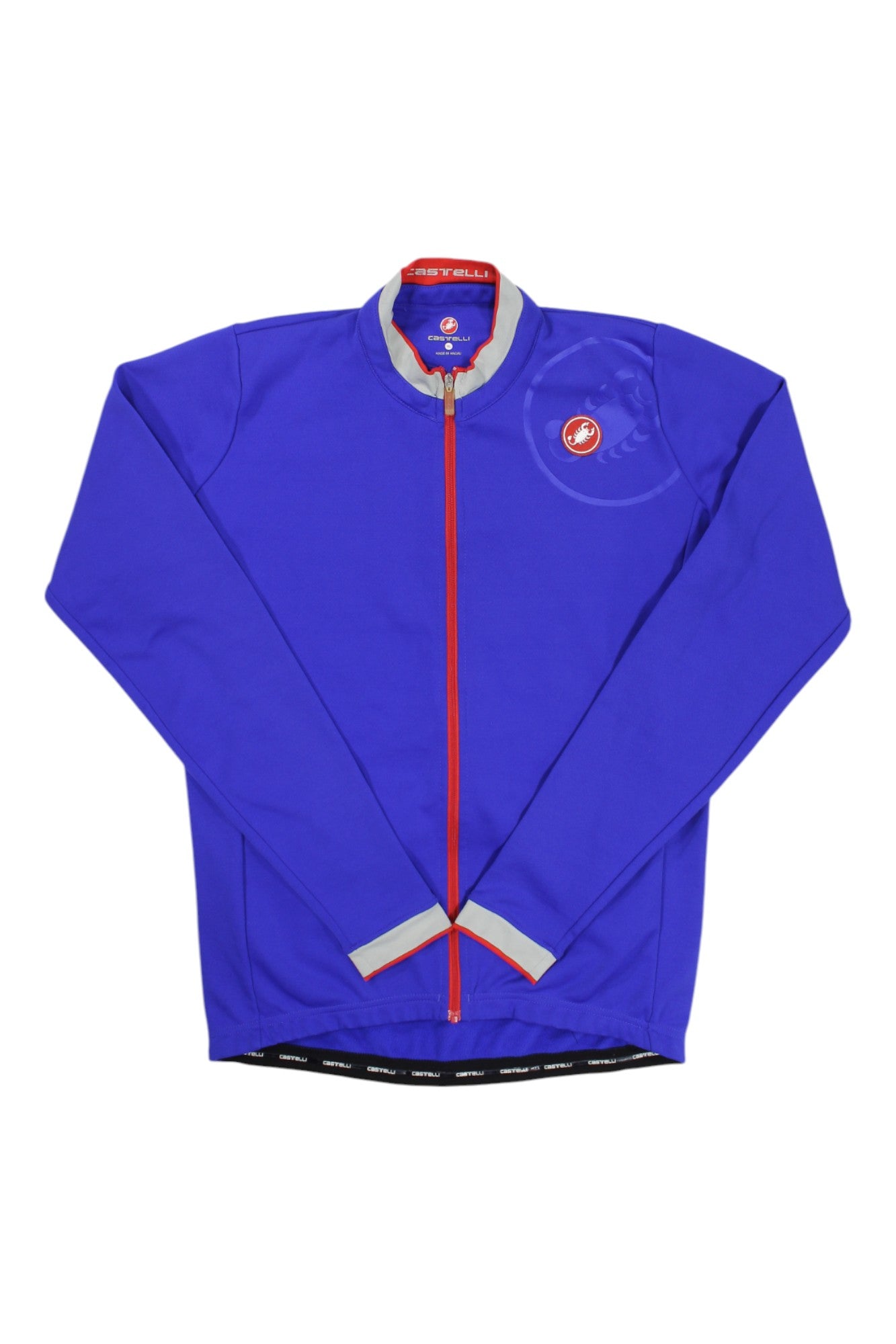 The Mens Castelli GPM Long Sleeve Jersey FZ in blue features a red zipper, grey collar and cuff accents, and the Castelli scorpion logo on the left chest—a stylish choice for performance cycling.