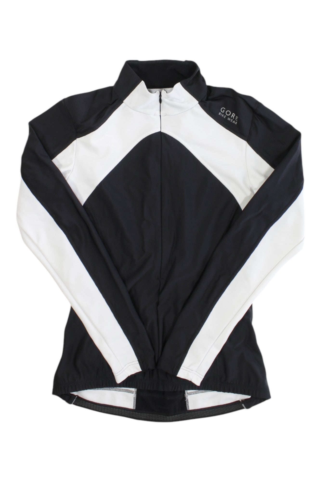 The Gorewear Men's Thermo Full Zip Long Sleeve Jersey features a black and white color-block design, full front zipper, and small logo on the upper left chest. Moisture-wicking fabric keeps you dry on every ride.