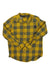The Black Diamond Men's Project Flannel Shirt is a yellow and olive green plaid, long-sleeve button-up with a collar and chest pocket, crafted from soft organic cotton and shown laid flat on a white background.
