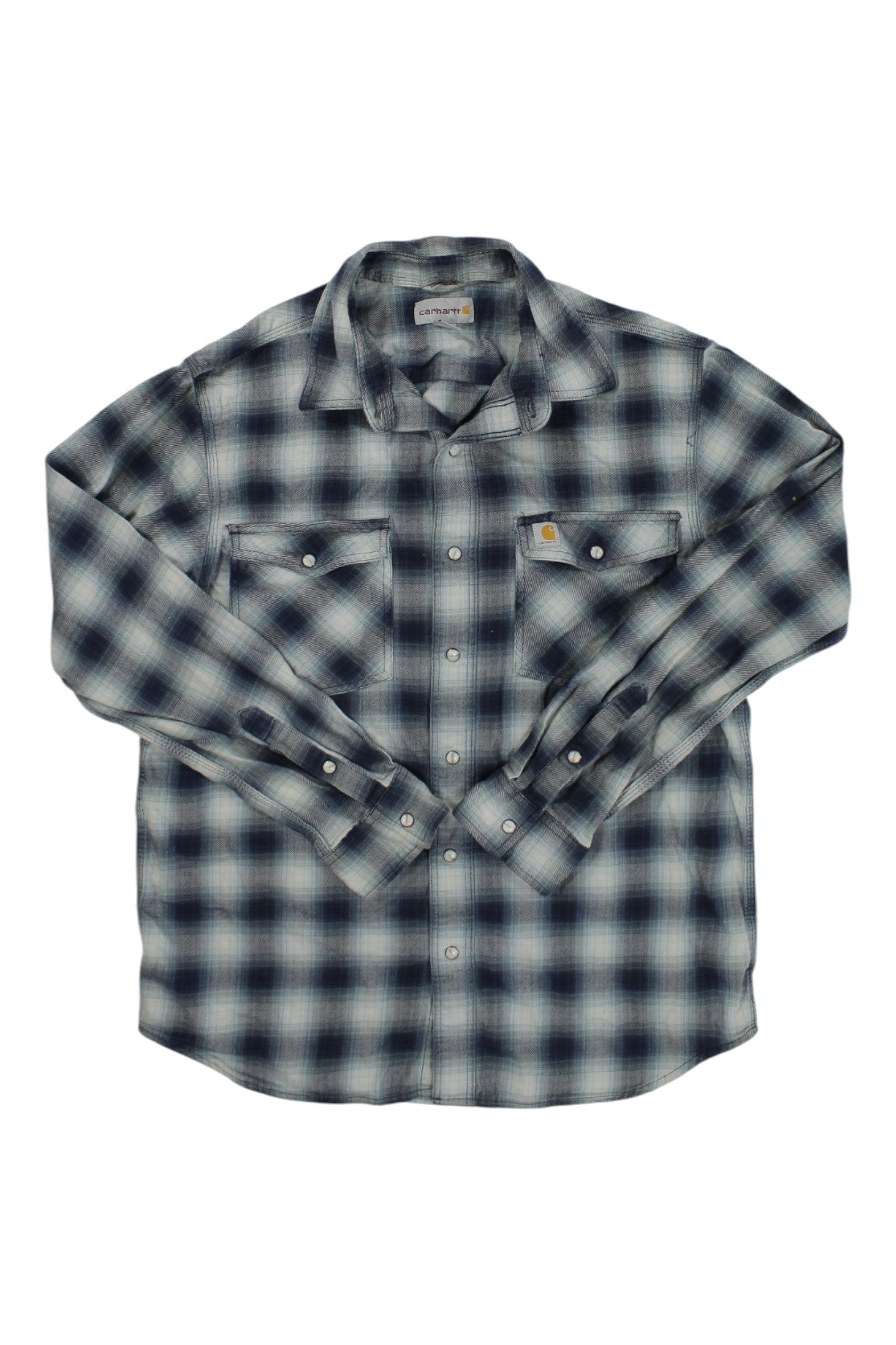 The Carhartt Mens Rugged Flex Hamilton Plaid Long Sleeve Shirt features a blue, black, and white plaid pattern with two button-flap chest pockets.