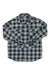 The Carhartt Mens Rugged Flex Hamilton Plaid Long Sleeve Shirt features a blue, black, and white plaid pattern with two button-flap chest pockets.