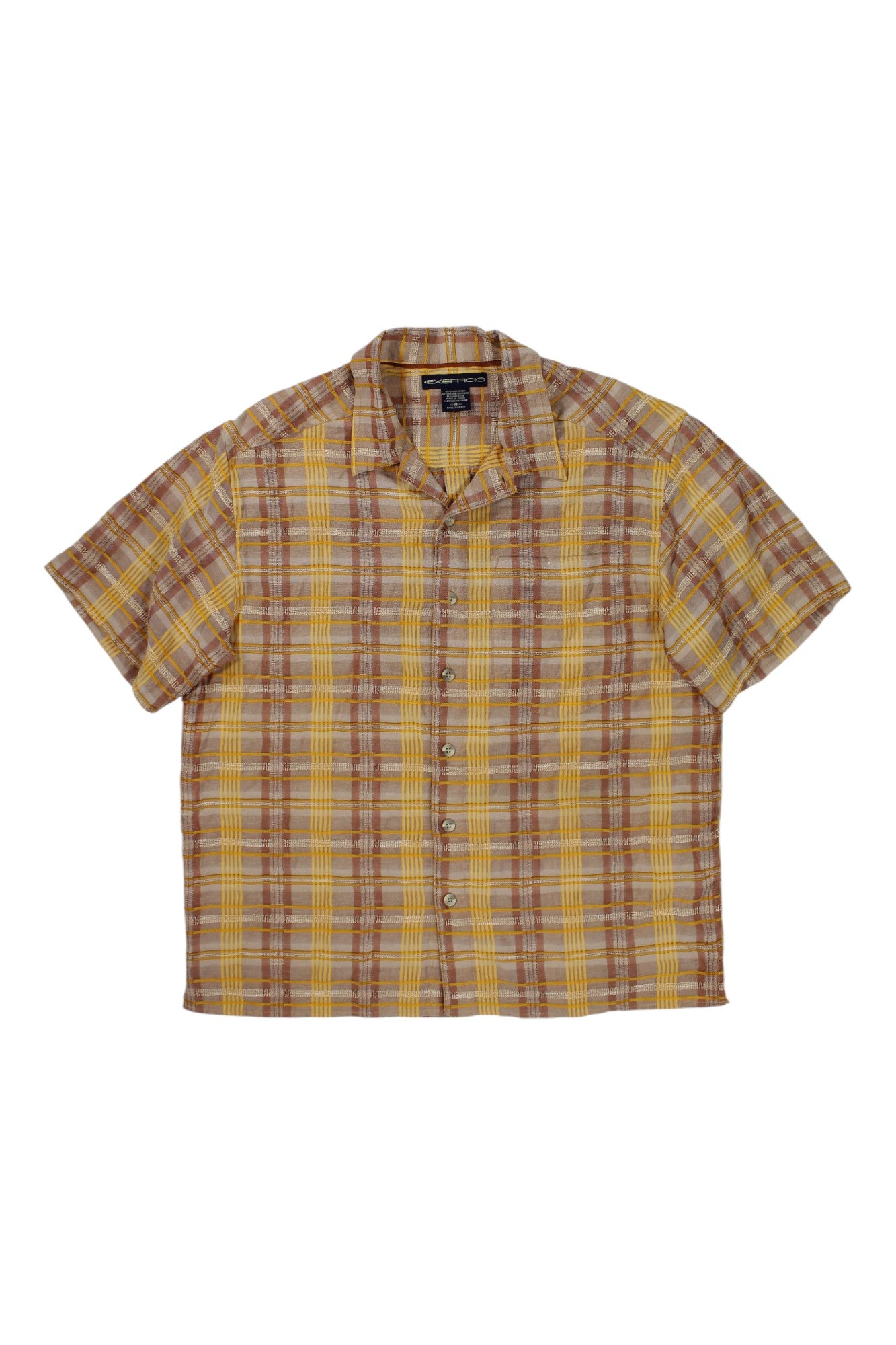 The Exofficio Mens Casual Linen Top is a yellow and brown plaid short-sleeve button-up with a spread collar and front pocket, shown flat on white. This easygoing shirt is ideal for casual outdoor style in warm weather.