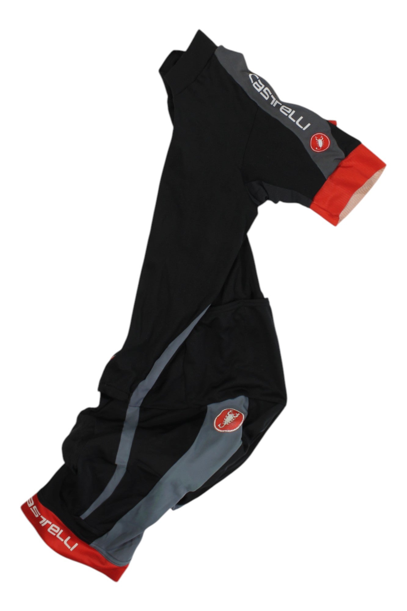 The Mens Castelli Velocissimo Sanremo cycling jersey is black with grey accents, red trim, and moisture-wicking fabric. Features the Castelli logo on the sleeves and hem—ideal for a stylish cycling look.