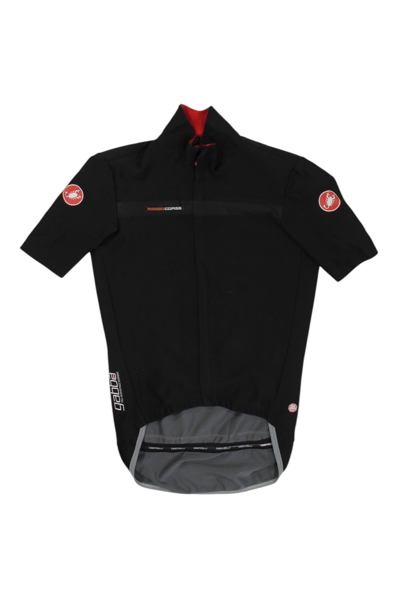 The Mens Rosso Corsa Jersey is a lightweight, breathable cycling top with a zippered front, red inner collar accents, Castelli logos on the sleeves and chest, and a longer back hem with reflective details.
