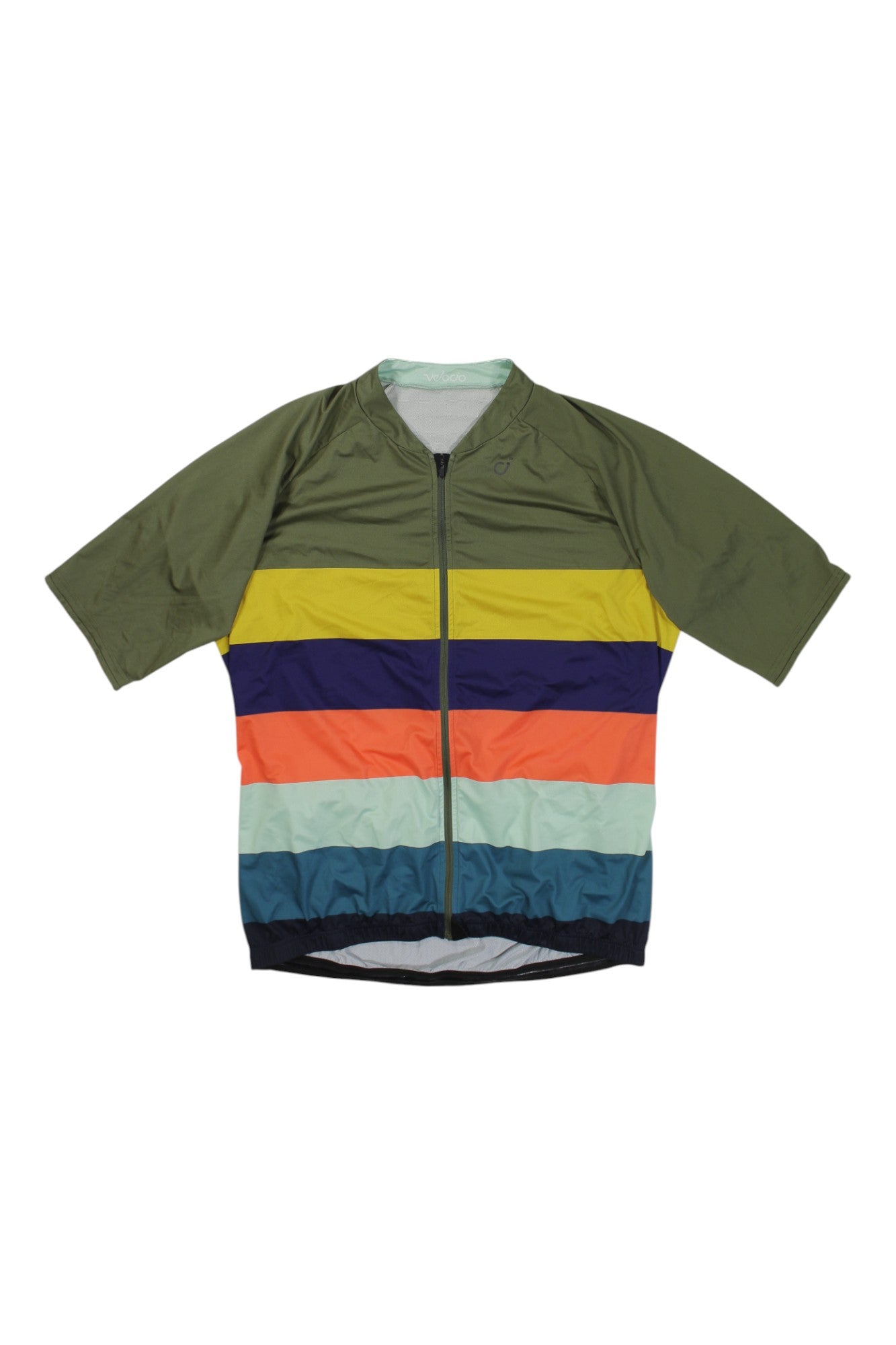 The Mens Rugby SE Jersey is a short-sleeve cycling jersey with olive green shoulders and sleeves, a front zipper, and colorful horizontal stripes—yellow, brown, orange, light blue, teal, and navy—across the body.