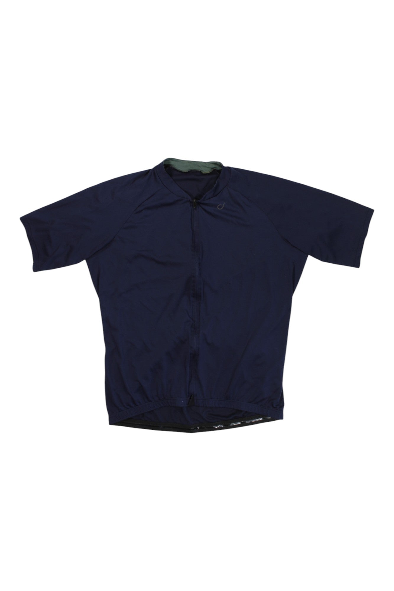 A VELOCIO MENS FOUNDATION JERSEY in navy blue, featuring short sleeves, moisture-wicking fabric, and a front zipper, is laid flat on a white background.