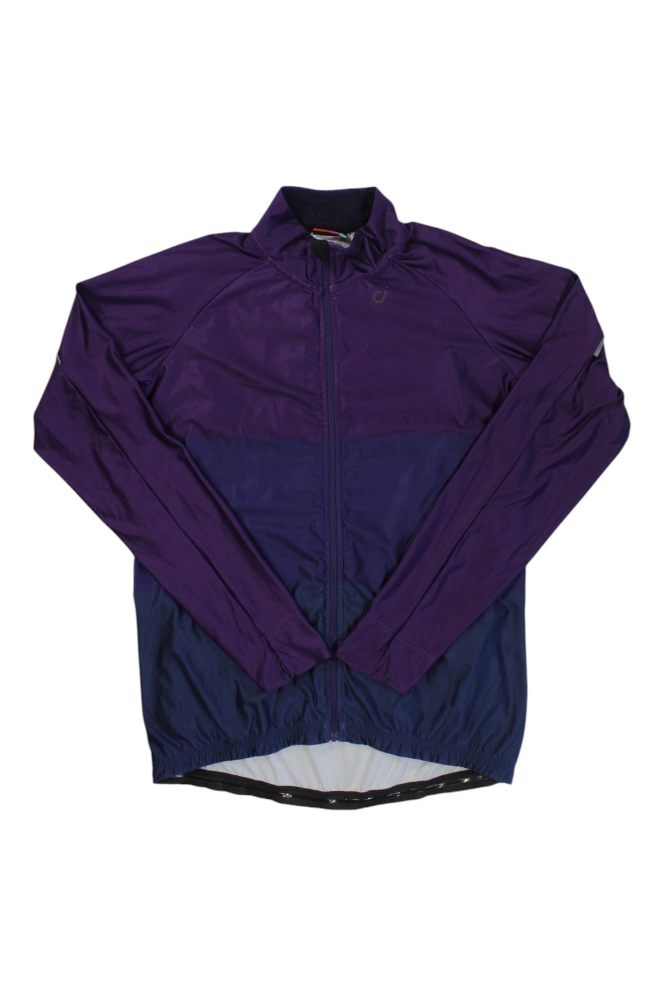 The Velocio Tri Color SE Long Sleeve is a lightweight, long-sleeve cycling jacket in dark purple, featuring a front zipper, high collar, elastic cuffs, and breathable fabric, shown on a white background.