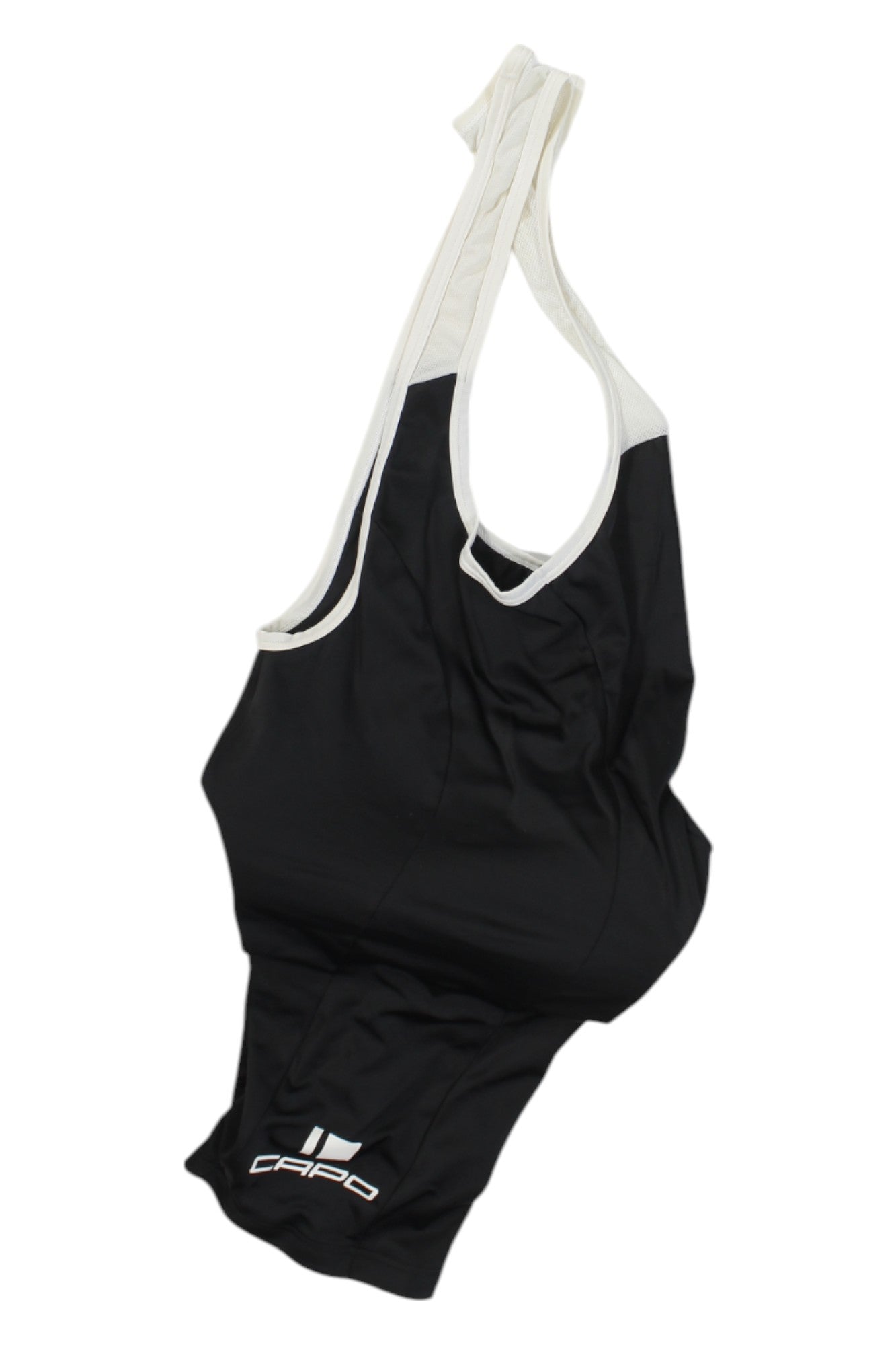 The Capo Mens Bib Shorts feature black and white moisture-wicking fabric, comfortable shoulder straps, and a visible “Capo” logo by the left leg—shown on a white background. Ideal for any men’s cycling apparel collection.