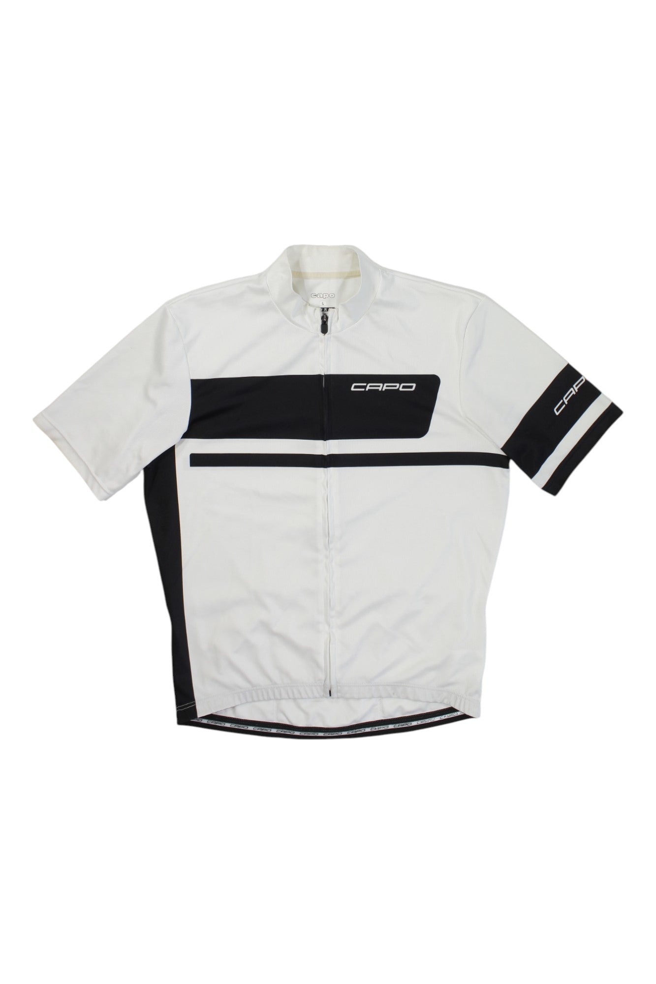 The Capo Cycling Jersey is a white, short-sleeve Italian jersey with black accents, a full front zipper, the Capo logo on the chest and left sleeve, and a black horizontal stripe across the front.