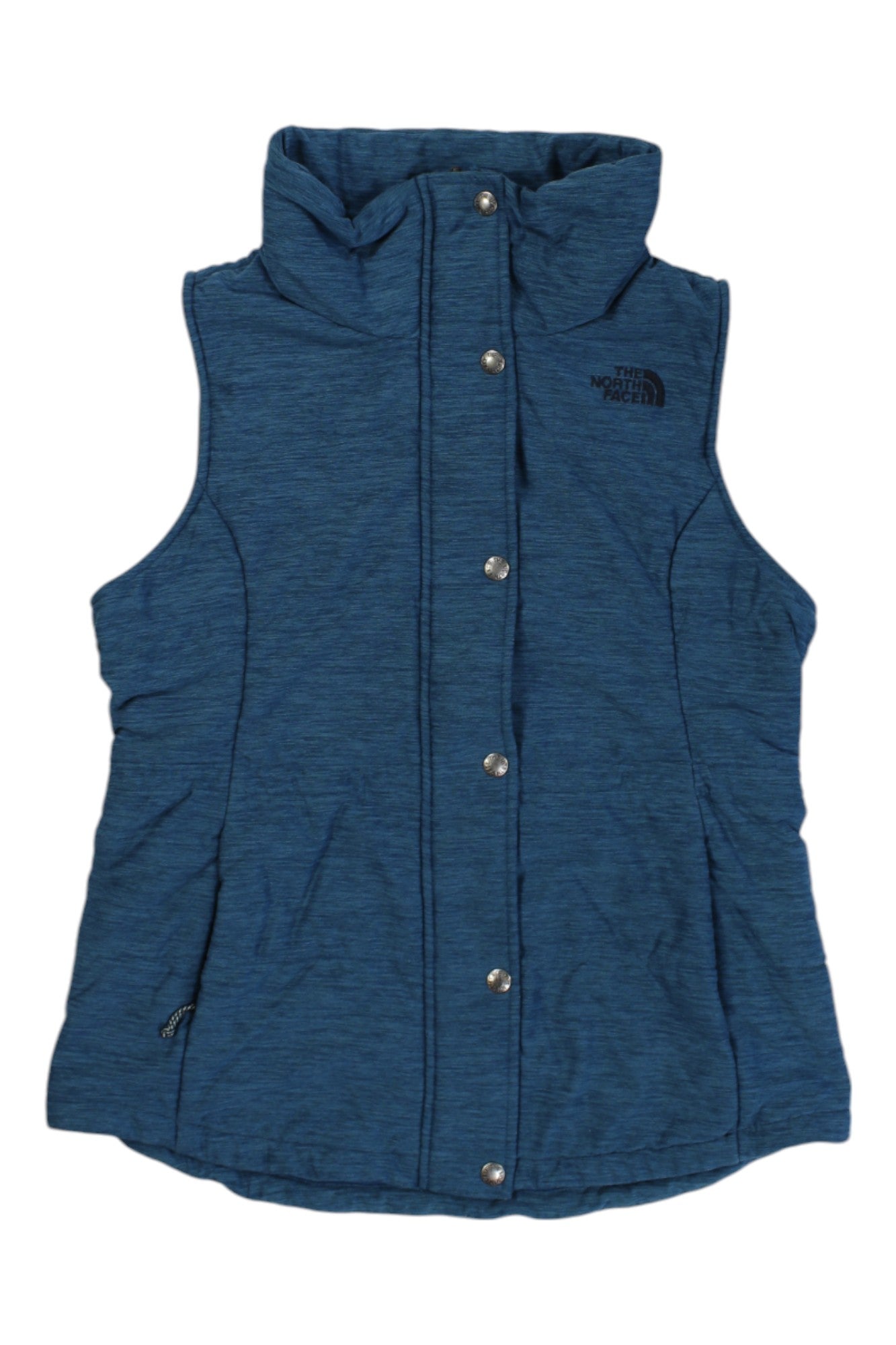 Women's hooded sleeveless button vest, blue with drawstring