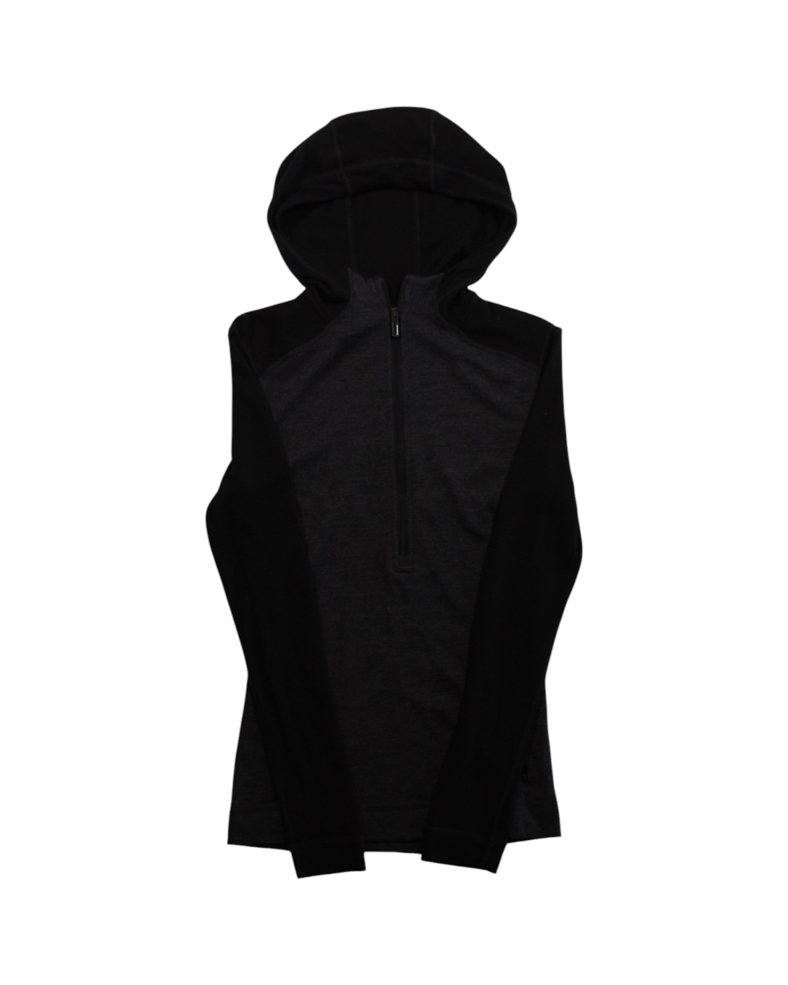 A Smartwool Merino 250 Blayer Baselayer Half Zip— a long-sleeve, black merino wool pullover with a half-zip front by Smartwool, designed for cold-weather layering— is laid flat on a white background.