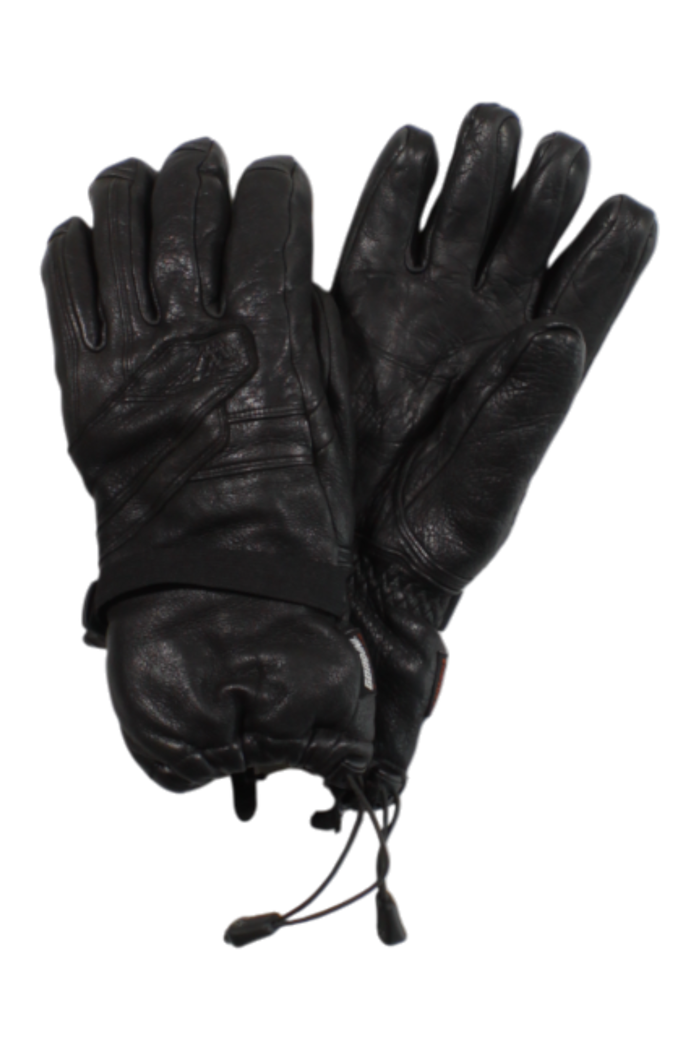 A pair of Gordini Full Leather Storm Gloves in black, featuring adjustable wrist straps and drawcords, shown overlapping on a white background.