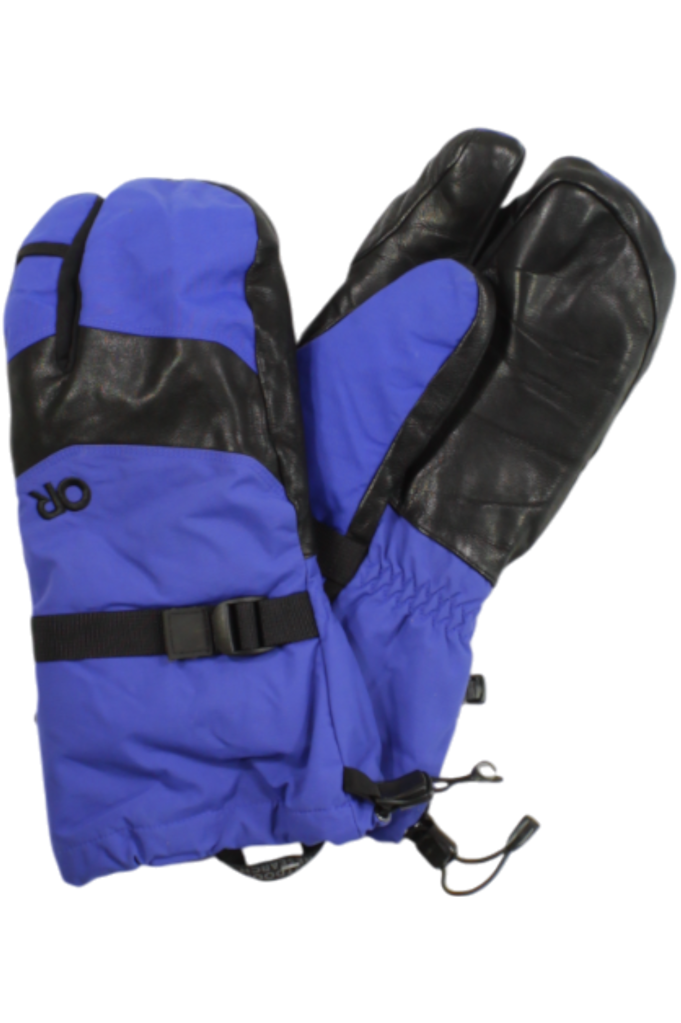 The Outdoor Research Men's Highcamp Glove features a two-finger design, blue and black colors, reinforced black leather palms, a wrist strap, and an adjustable drawstring for winter protection.
