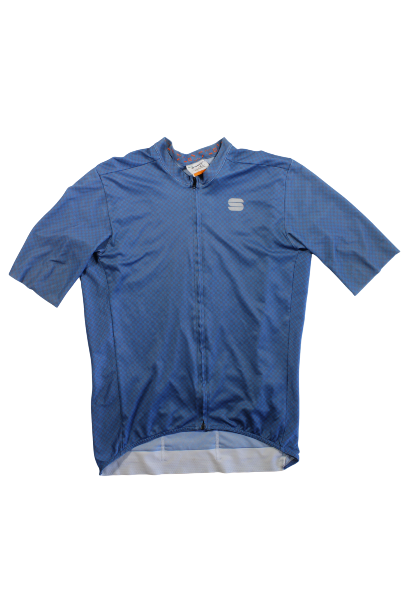 Women’s blue short-sleeve cycling jersey with front zipper and stand collar