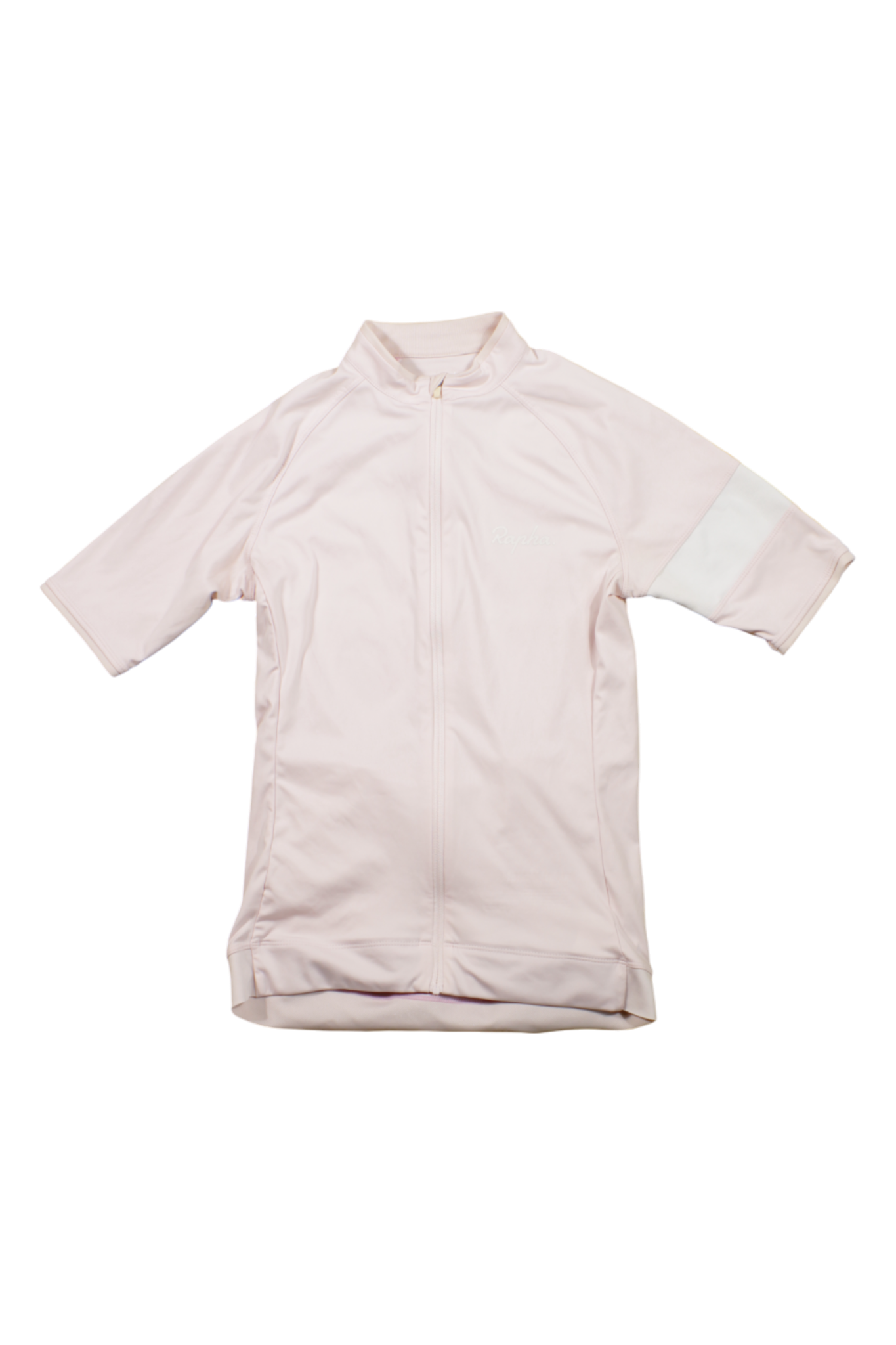 Women’s short-sleeve cycling jersey, full-zip, stand collar, light pink with white sleeve stripe