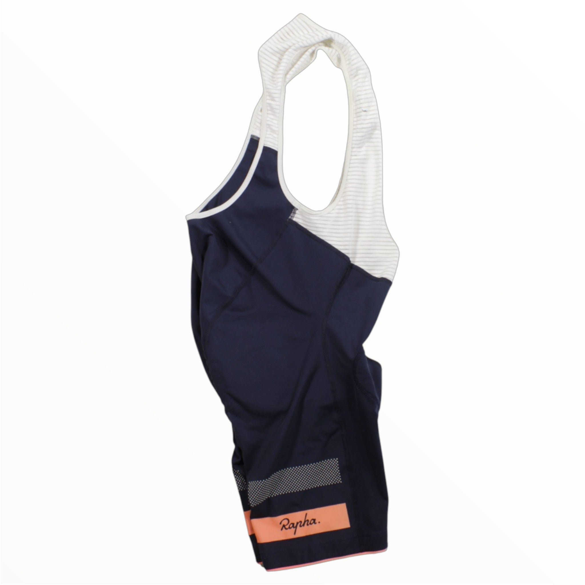 Men's navy cycling bib shorts with white bib straps and Rapha logo