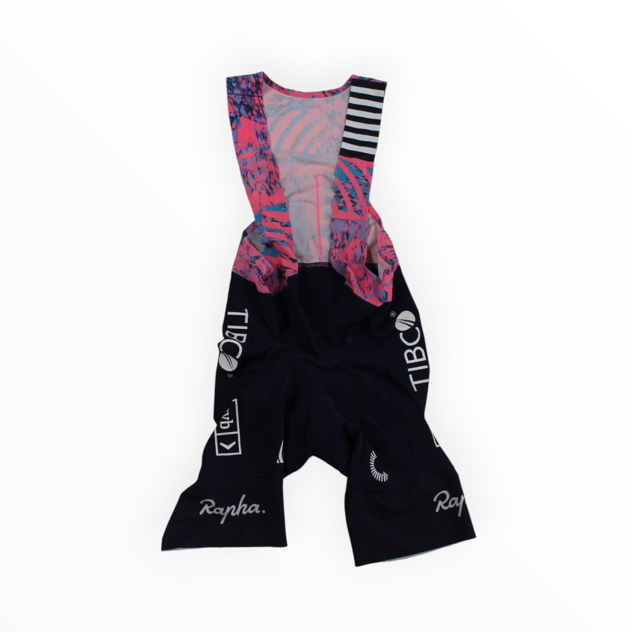 The Rapha EF Education First PT Bib Shorts II - Regular by Rapha are shown on a white background, featuring pink patterned straps, black legs, and white logos including "Rapha" and "TIBCO." These cycling bib shorts are designed with chamois padding to provide enhanced comfort during long rides.