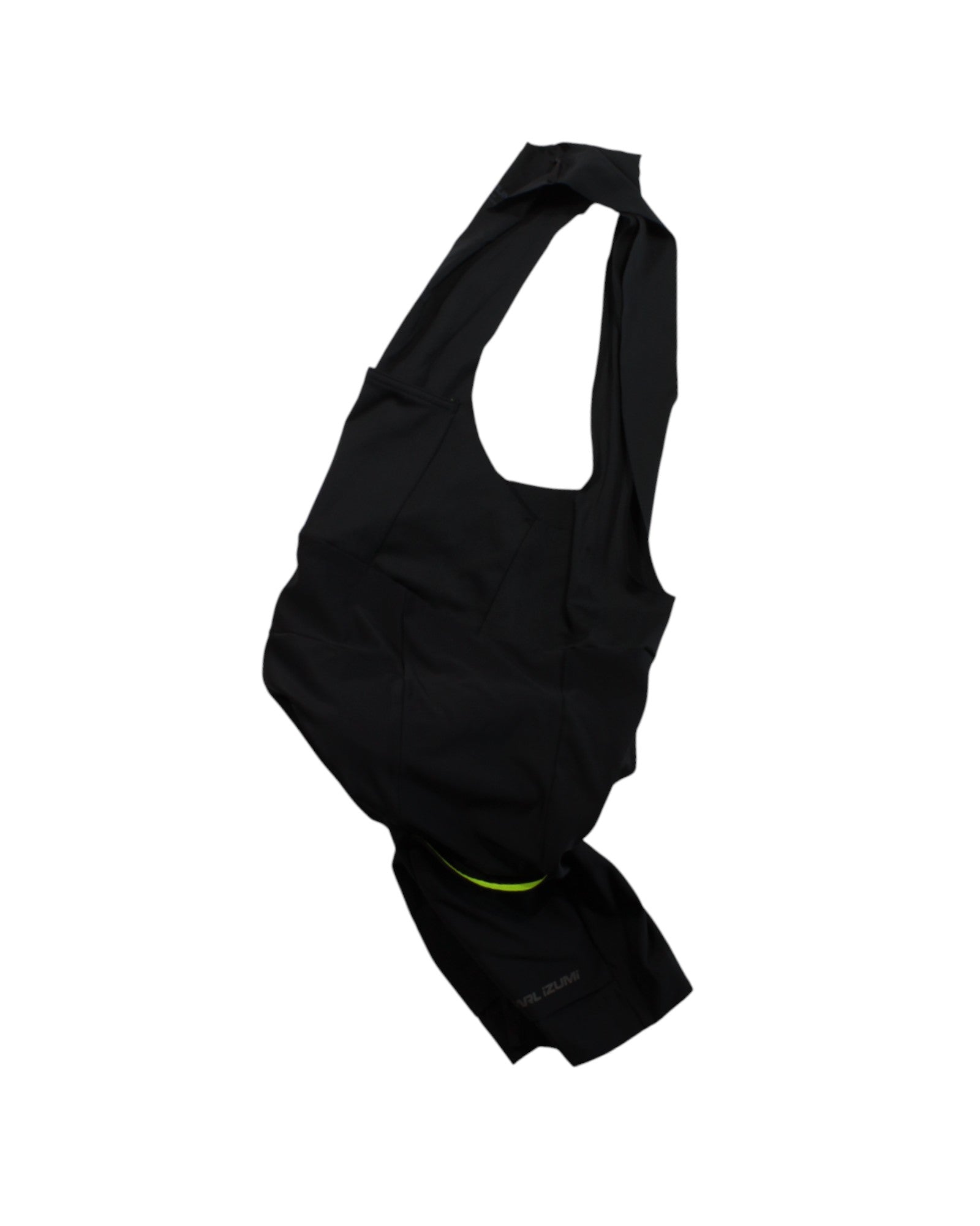 Men's black cycling bib shorts with neon green waistband and leg accents