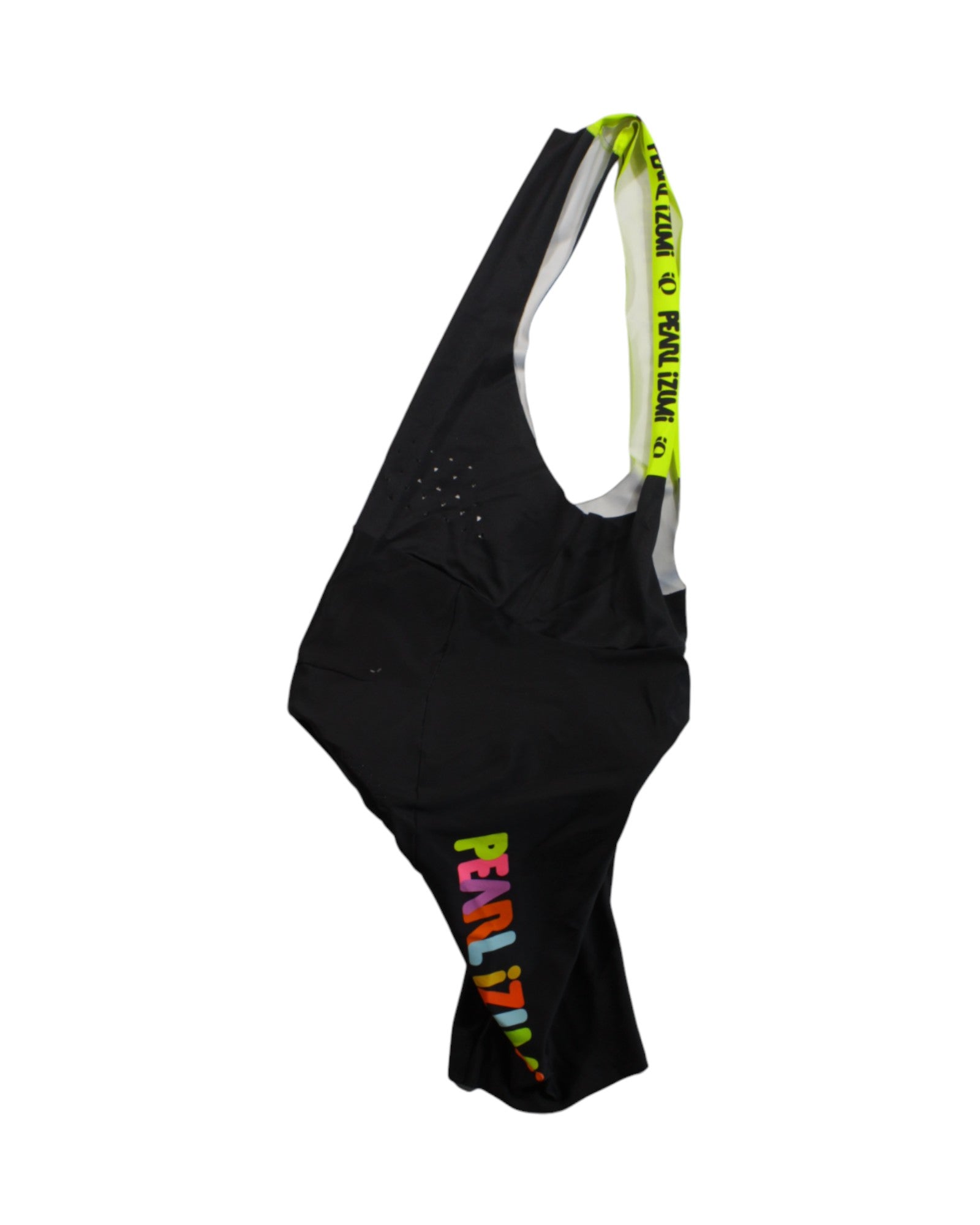 Men's black bib shorts with neon green trim and colorful logo on leg