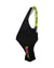 Men's black bib shorts with neon green trim and colorful logo on leg