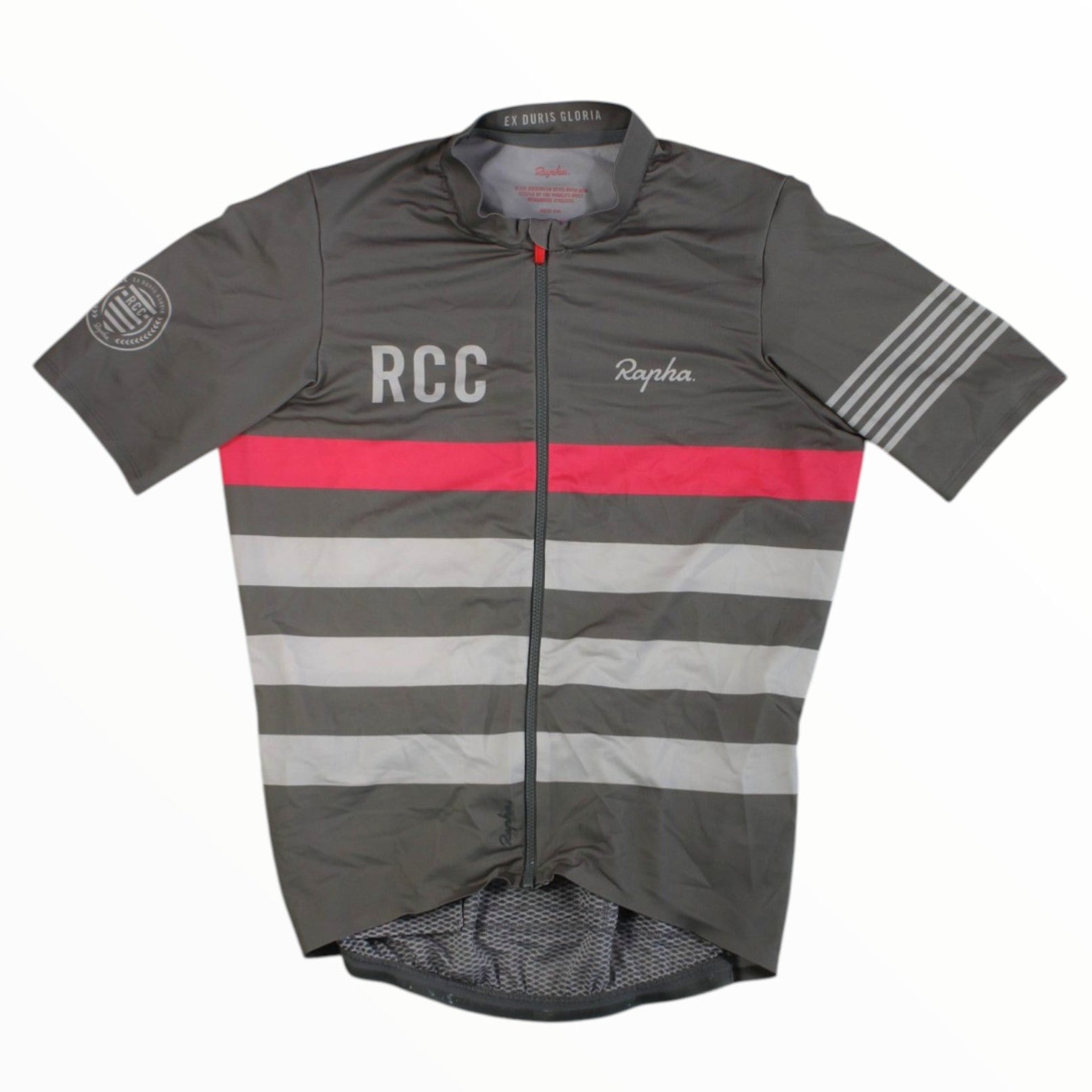 Midweight cycling jersey in dark gray with pink center stripe and gray horizontal stripes
