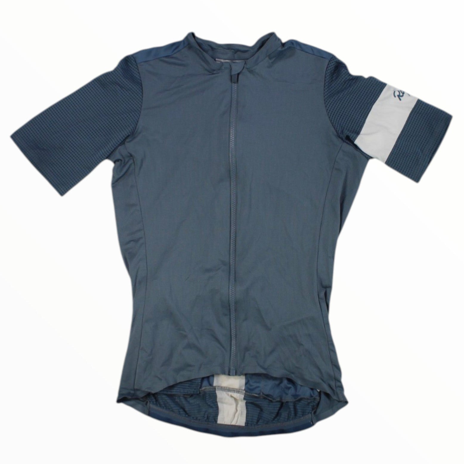 Blue-gray short-sleeve cycling jersey with full-length zipper and ribbed cuffs