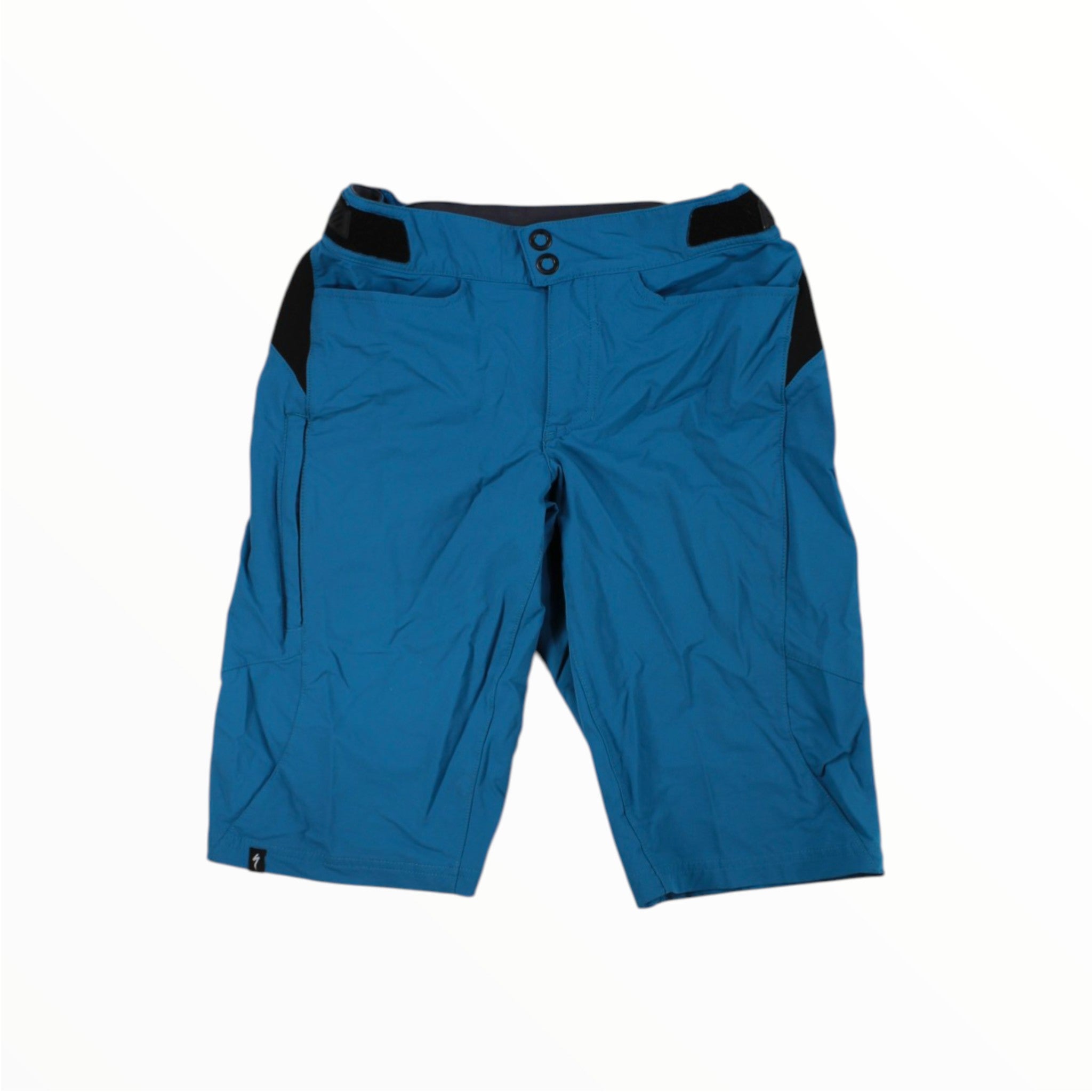 The Specialized Heavy Duty MTB Shorts by Specialized are blue, knee-length cycling shorts featuring black accents near the waistband and pockets, shown against a plain white background.