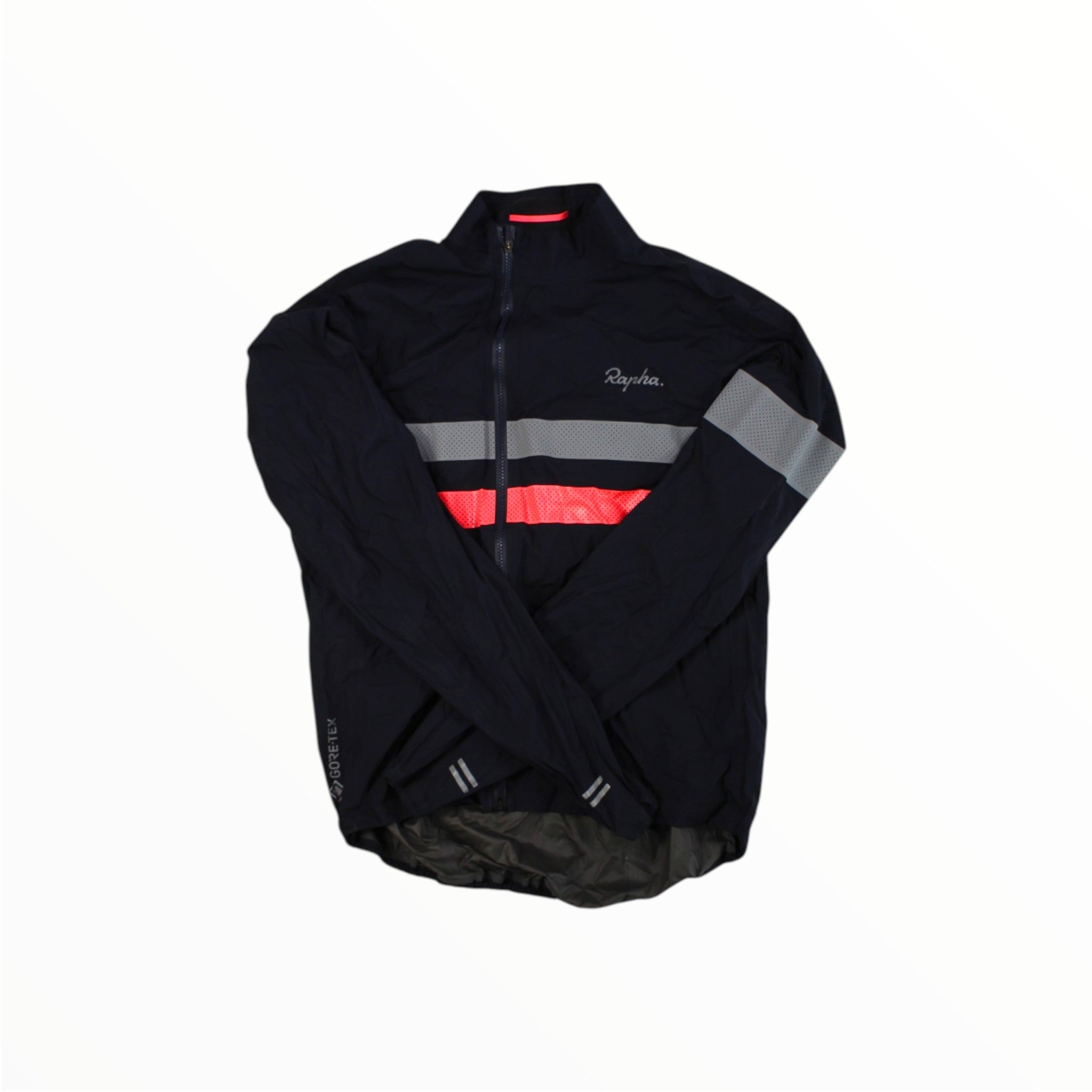 A Rapha Men's Brevet Gore-Tex Rain Jacket in black, featuring a front zipper, gray and pink horizontal stripes across the chest, and an extra gray stripe on the left sleeve, displayed against a white background. This waterproof jacket from Rapha offers dependable protection for unpredictable weather conditions.