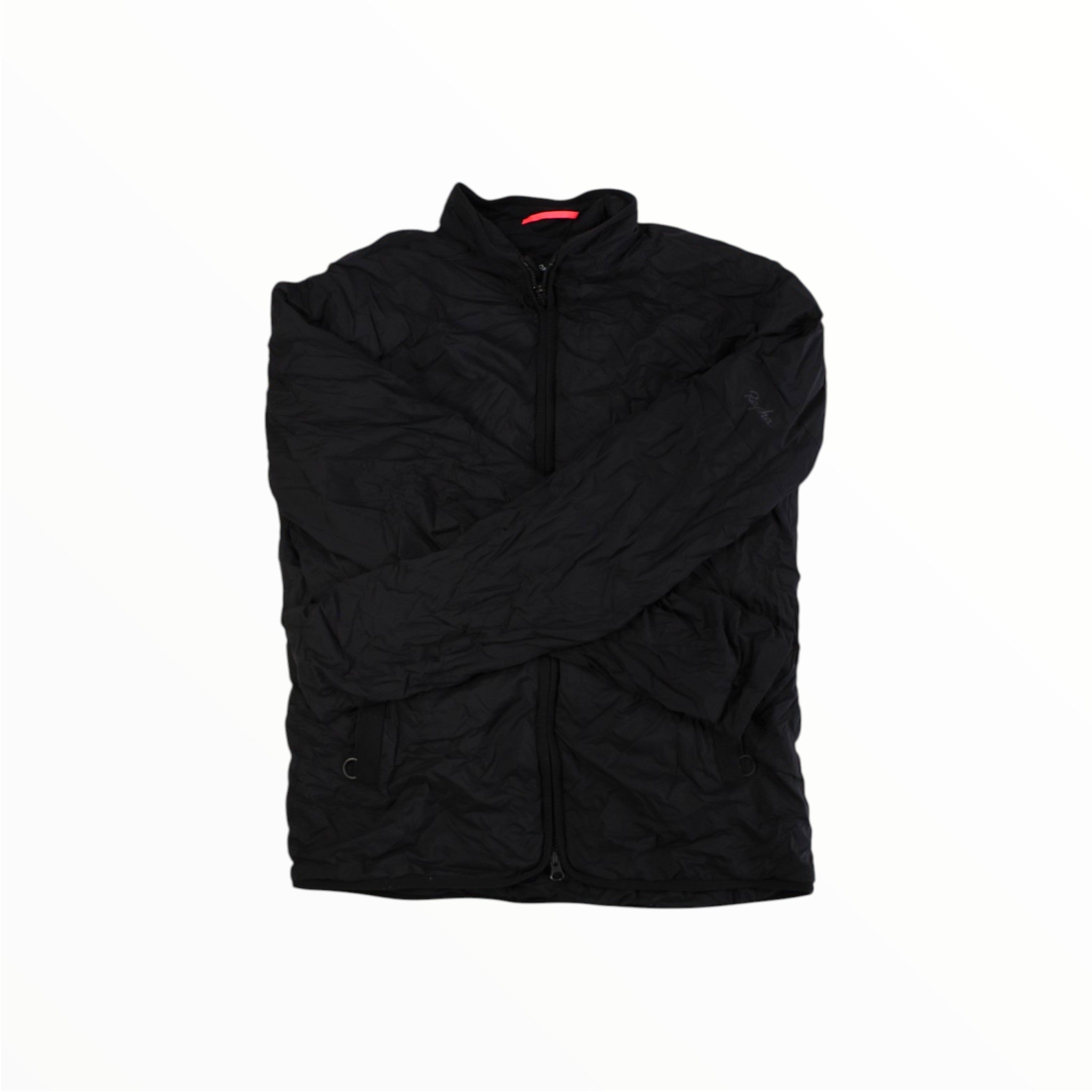 A black Rapha Insulated Transfer Jacket by Rapha, featuring long sleeves crossed at the front and displayed flat on a white background—perfect as a cycling jacket for cool-weather rides.