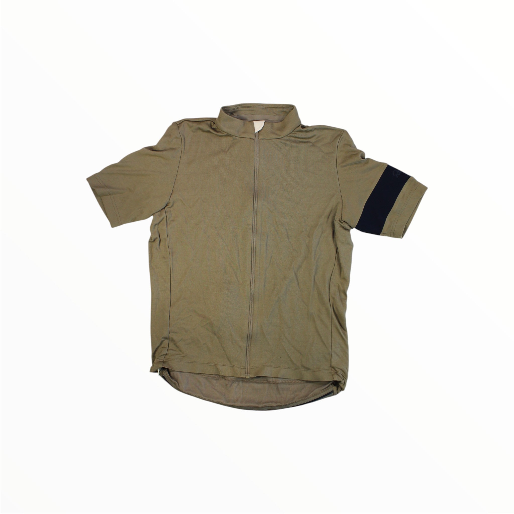 Men's short-sleeve cycling jersey, tan/olive zip front with stand collar