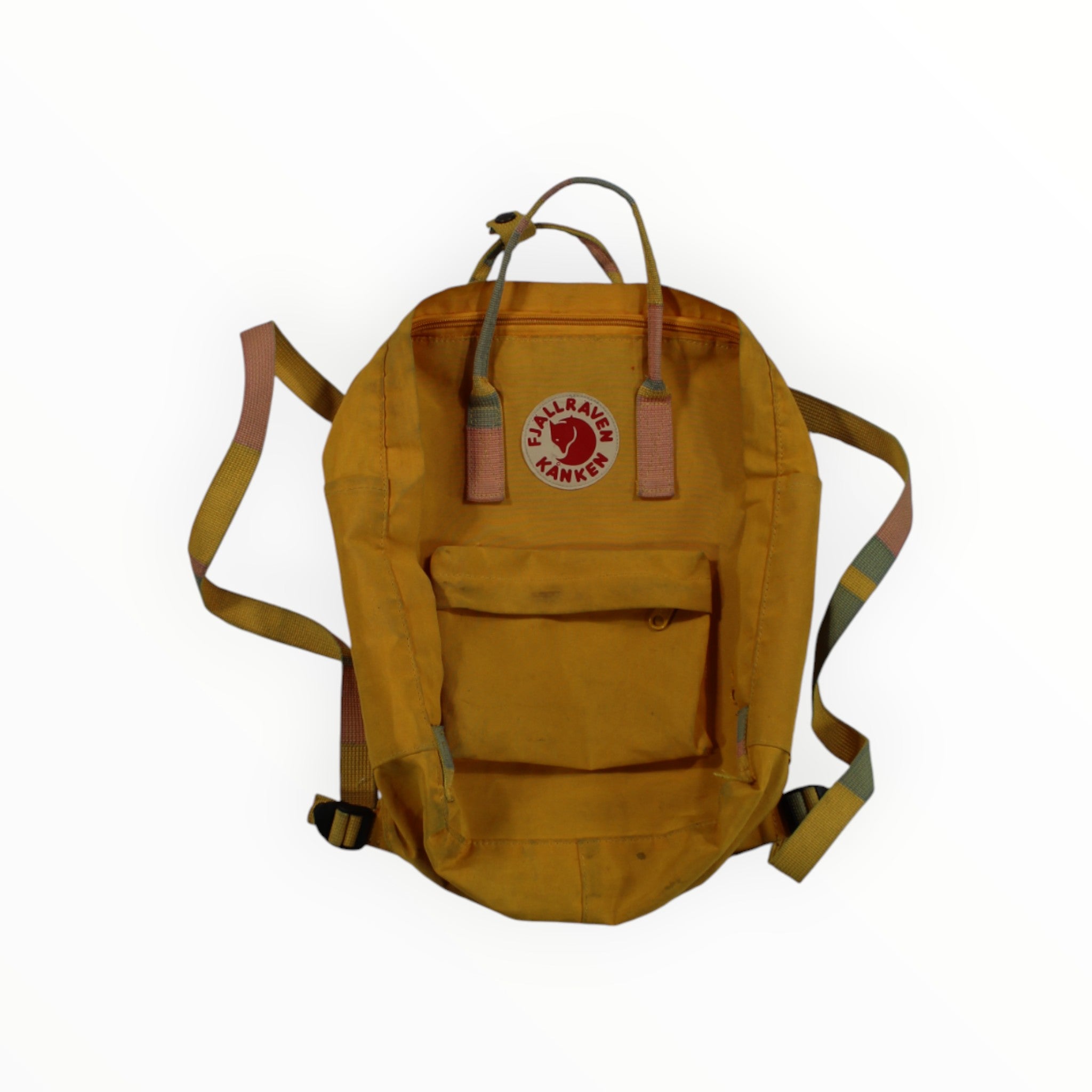 Tan Kanken backpack with front flap pocket, zip, and leather-look shoulder straps