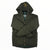 Green hooded puffer jacket, front zipper and visible inner label lining detail