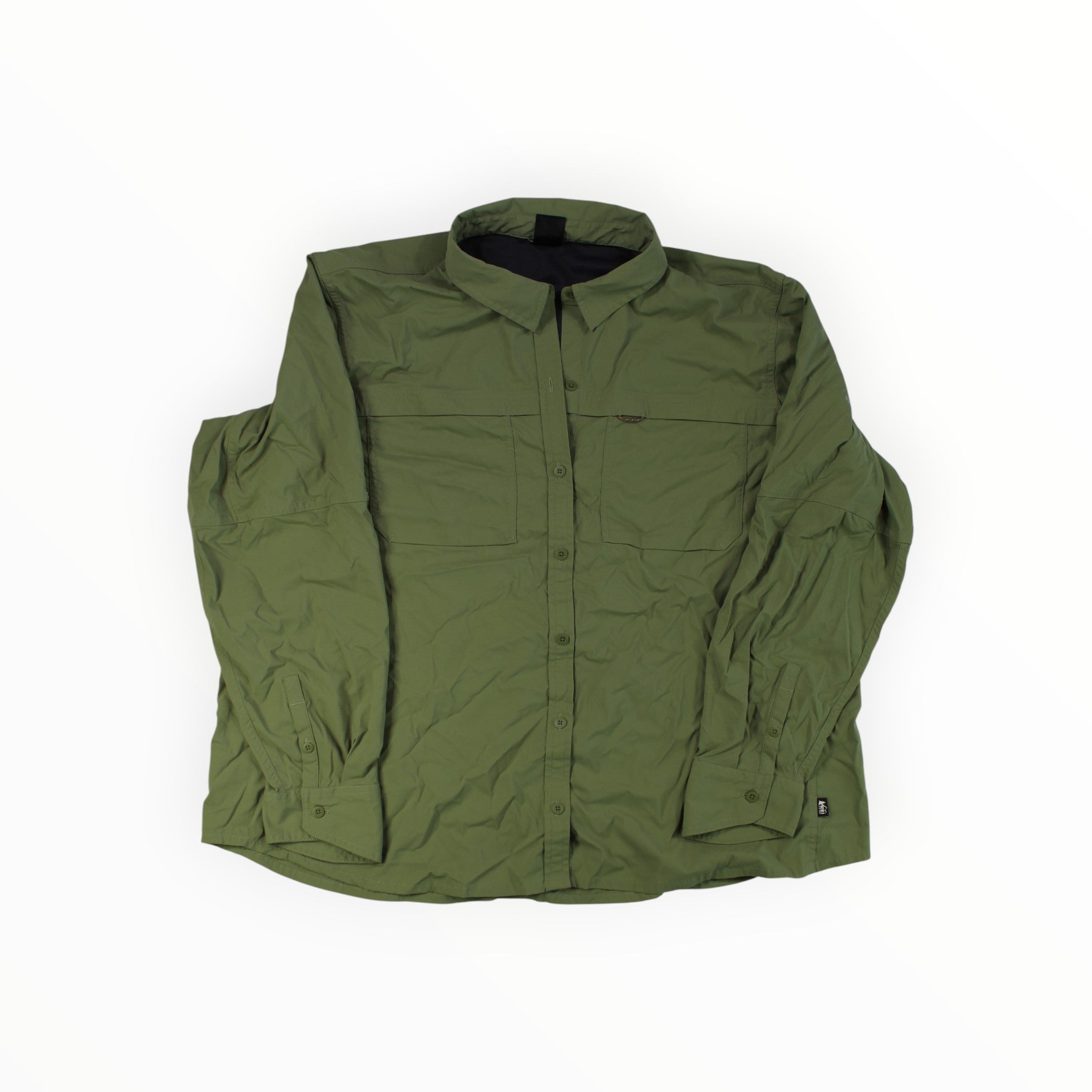 Olive green women's button-up long-sleeve shirt with front buttons and chest pocket