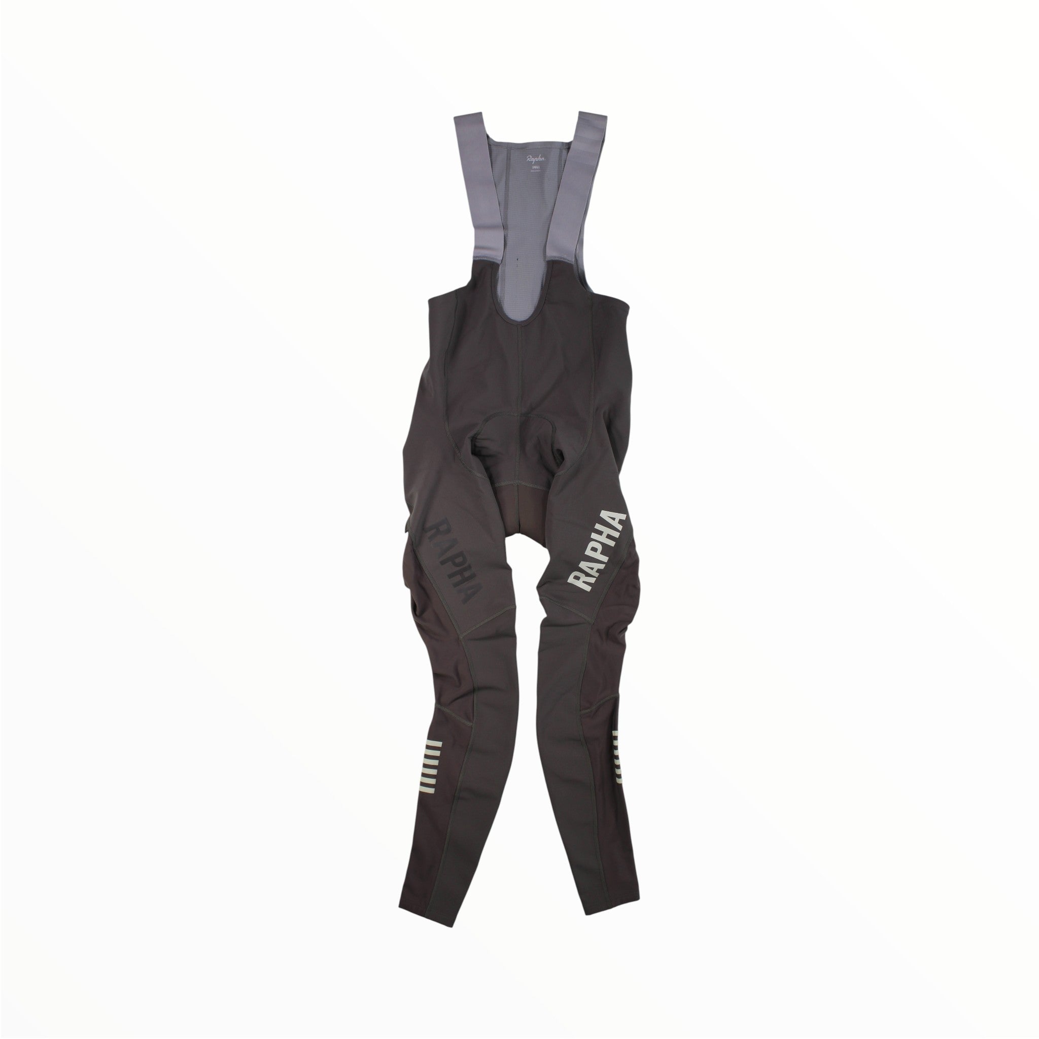 Rapha Men’s Pro Team Winter Tights with Pad II, shown in black and gray and laid flat on a white background—premium cycling tights from Rapha designed for comfort and top performance during cold-weather rides.