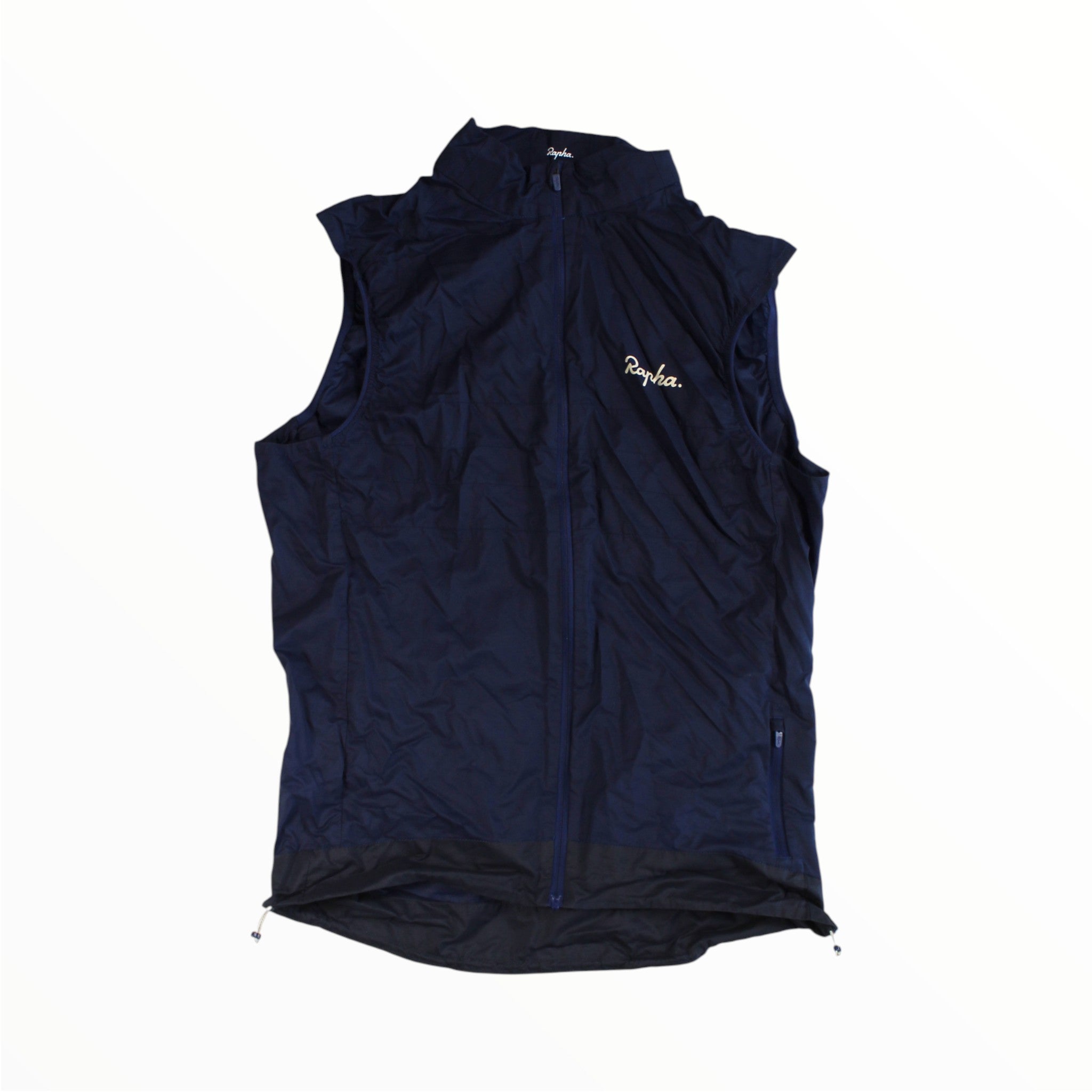 A navy-blue Rapha Explore Lightweight Gilet, featuring a sleeveless design, front zipper, and Rapha logo on the left chest, is laid flat on a white background—showcasing the brand's versatile and packable cycling vest.