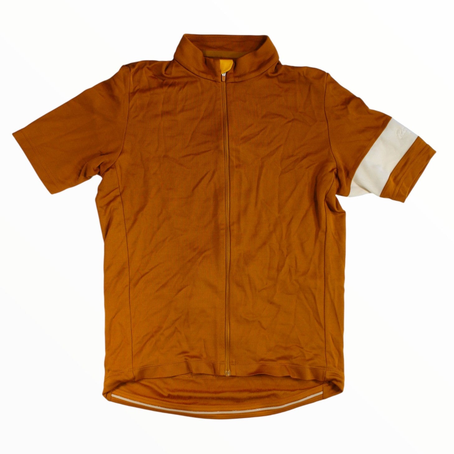 Men's short-sleeve full-zip cycling jersey with stand collar, orange-brown and white sleeve stripe