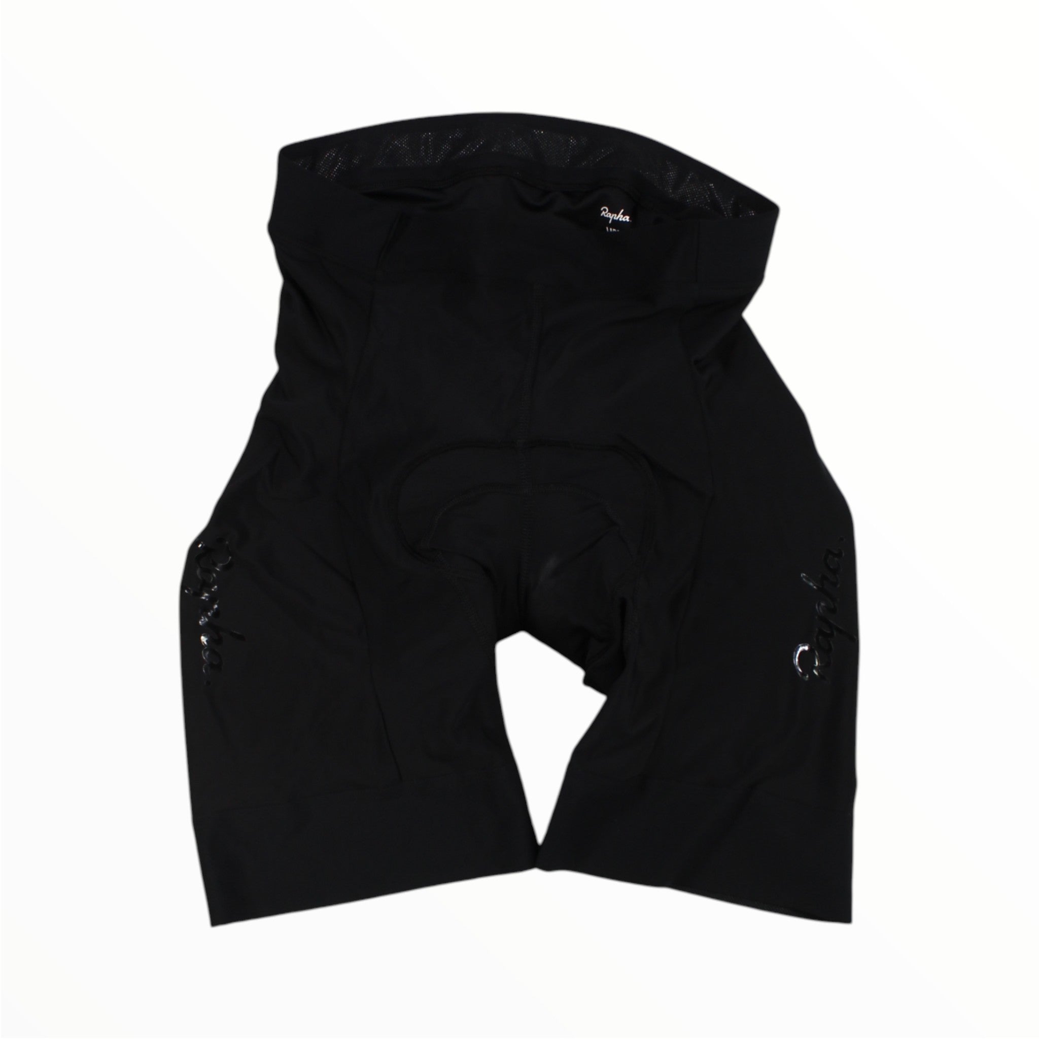 Black men's cycling shorts with Rapha logo detail, front view