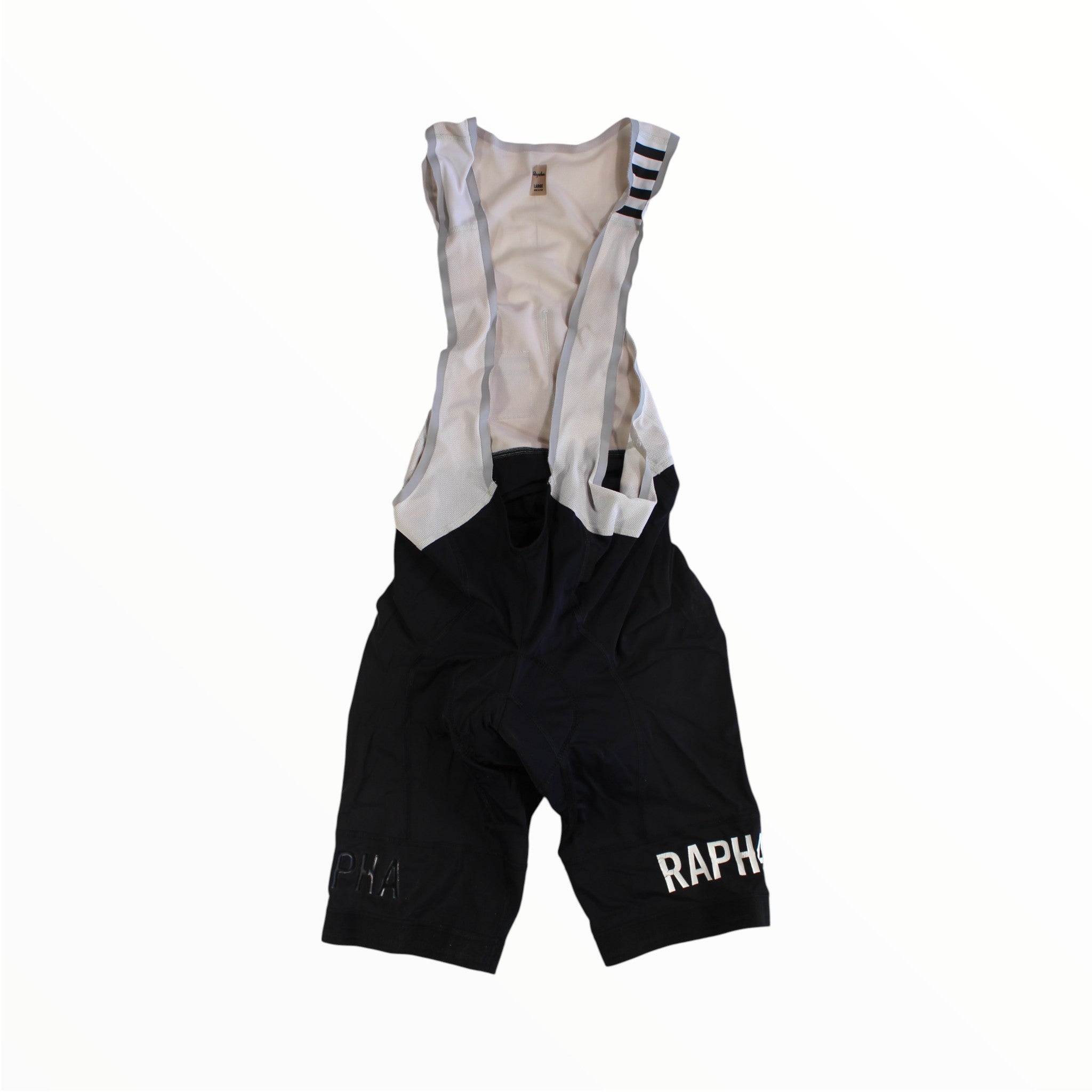 Men's cycling bib shorts, black legs with light gray straps and Rapha logo.