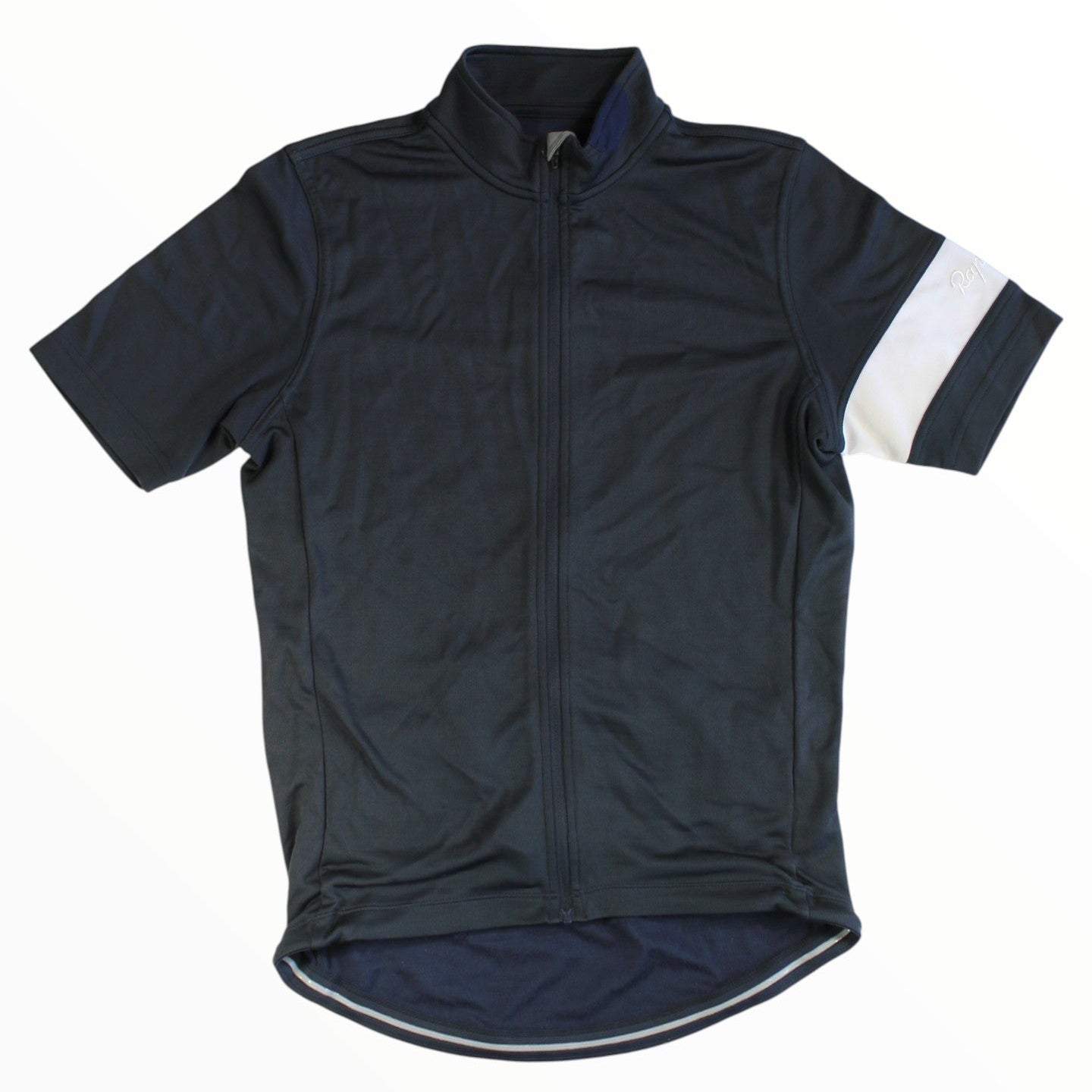 Men's short-sleeve full-zip cycling jersey with stand collar, dark navy with white sleeve stripe